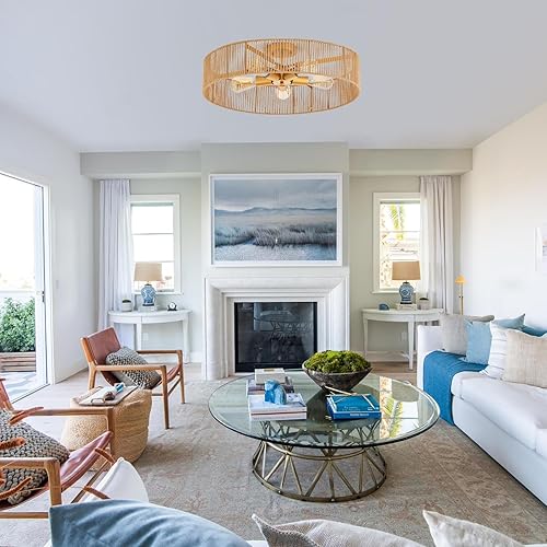 Miniatura 5 de Lámpara de techo de ratán natural de 24 pulgadas, lámpara de techo de latón antiguo, acabado de pintura, candelabro bohemio para porche, patio,