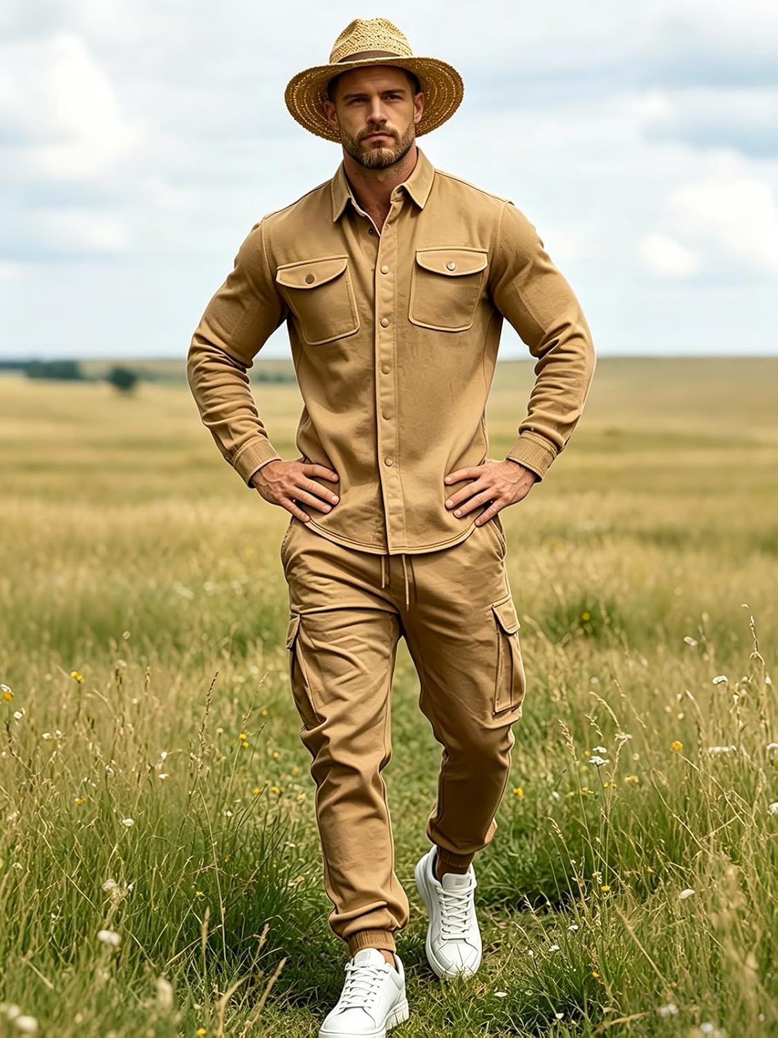 TUVEKE Mens Cargo Jacket Tracksuit Set 2 Pieces Fleece Track Suit for Men Long Sleeve Button Jacket and Cargo Pants Set S-3XL