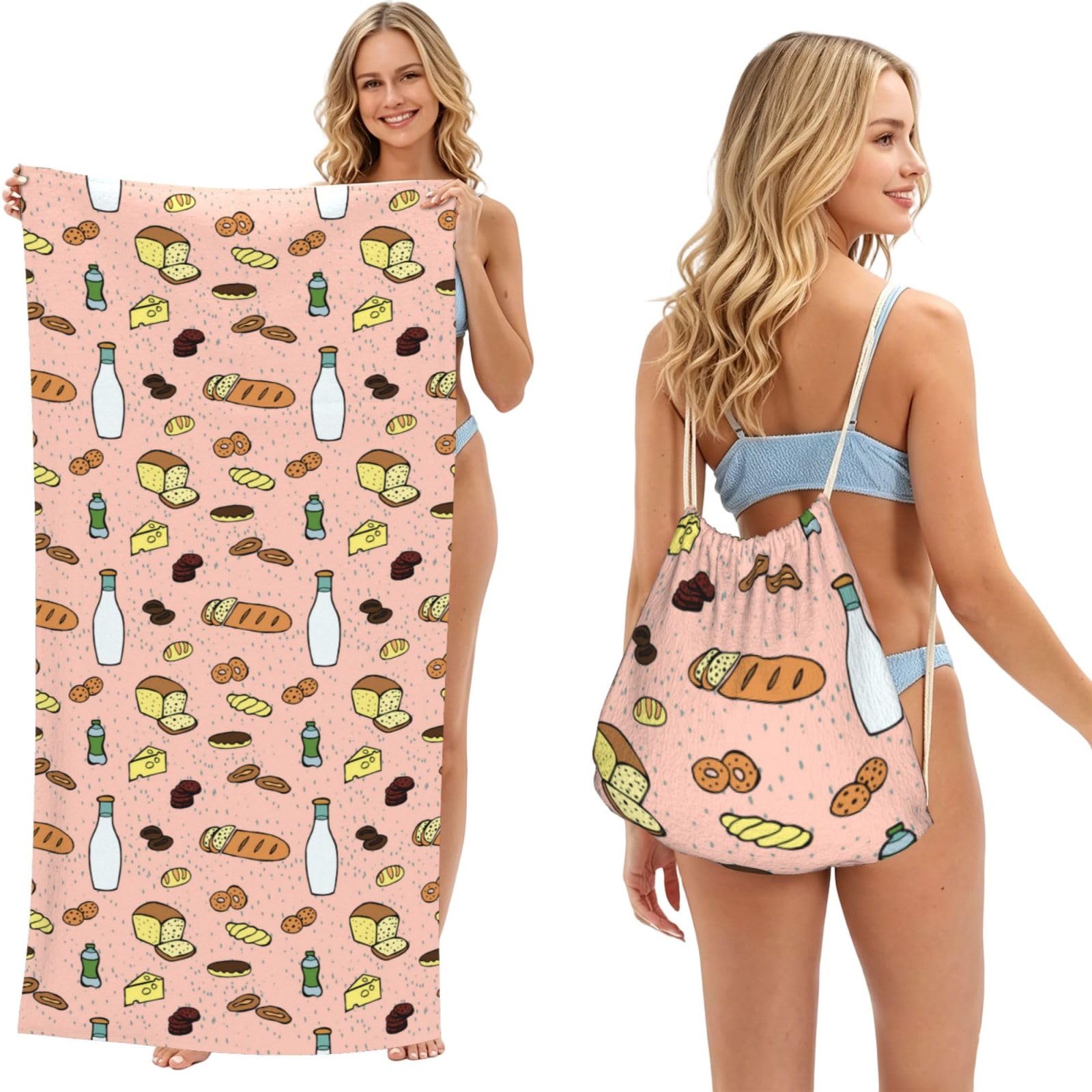 Poadnly As Picture Grocery Seamless Pattern, 2 In 1 Packable Towel Bag, Beach Towels With Drawstring Backpack For Travel Holiday Camping