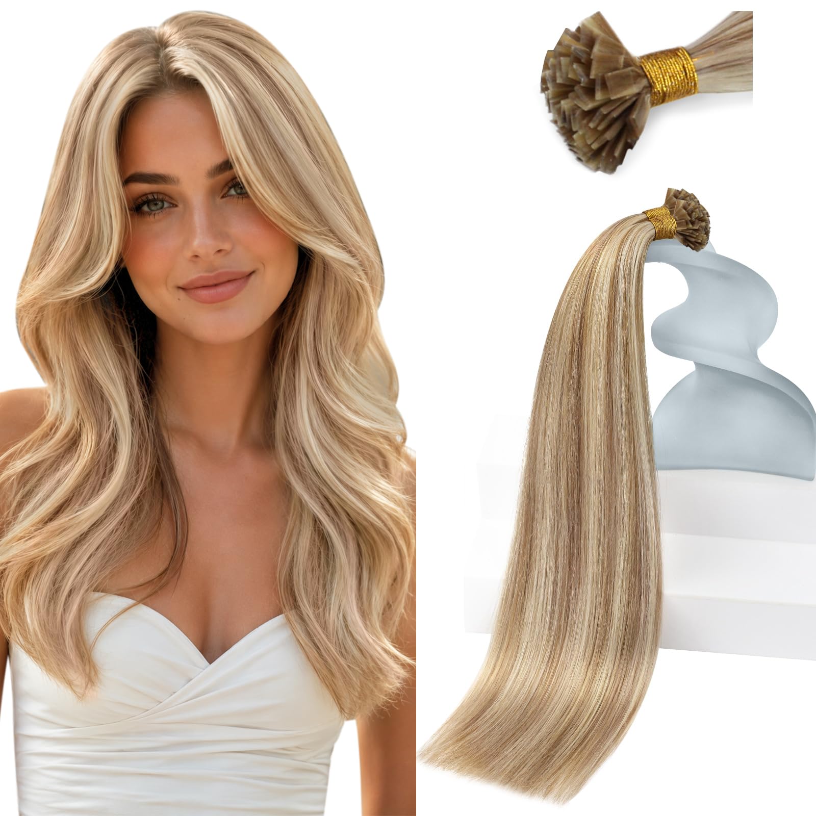 Sunny Hair Flat Tip Hair Extensions Human Hair 24 inches Ktip Human Hair Extensions Light Brown with Blonde Keratin Tip Real Human Hair Extensions 50g