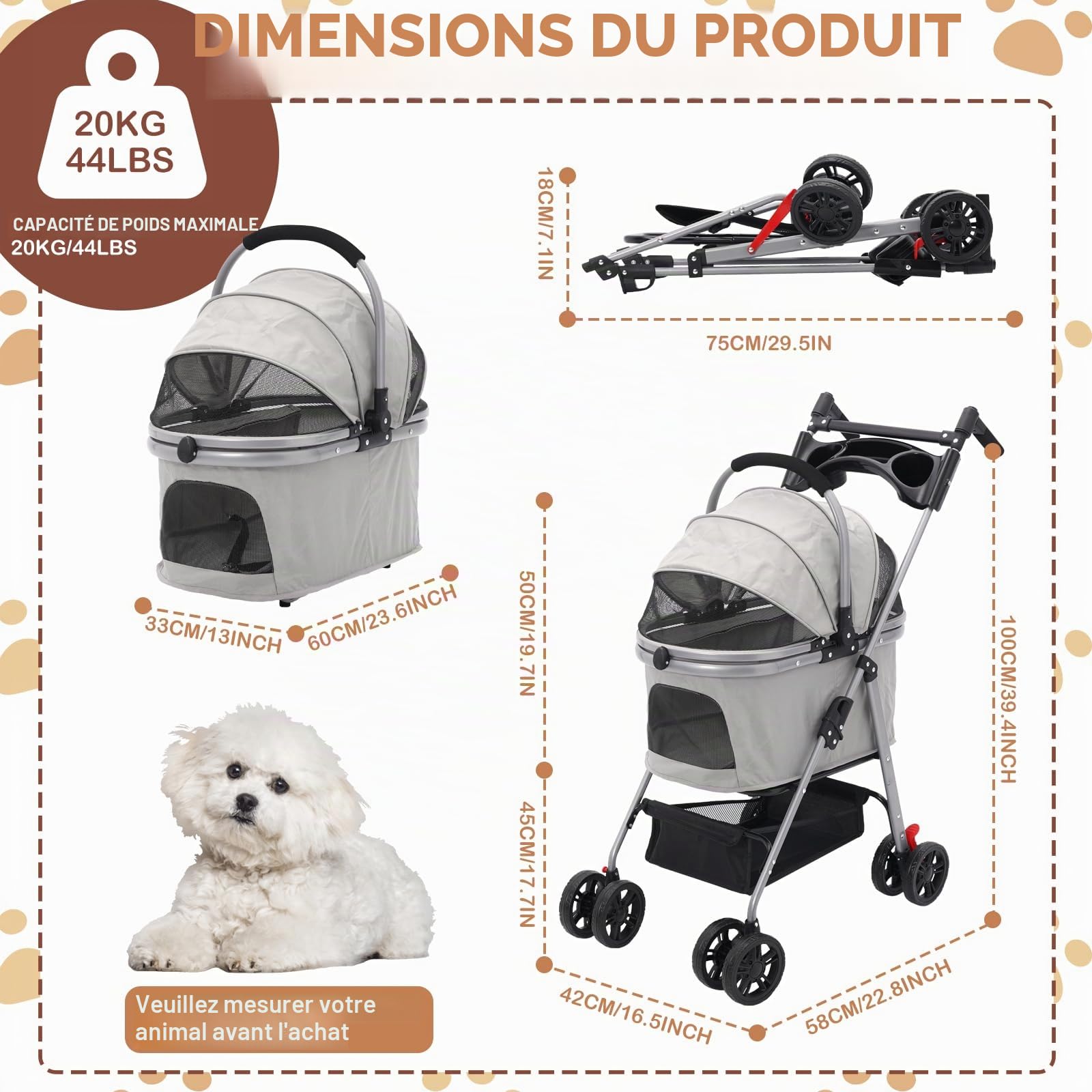 Poussette pour Chien 3-en-1, Poussette pour Chien Pliable Petits Chiens et Chats jusqu'à 20 kg, Roues Résistant à l'Usure à 360°, Animaux Sac de Transport Pliable (Gery)