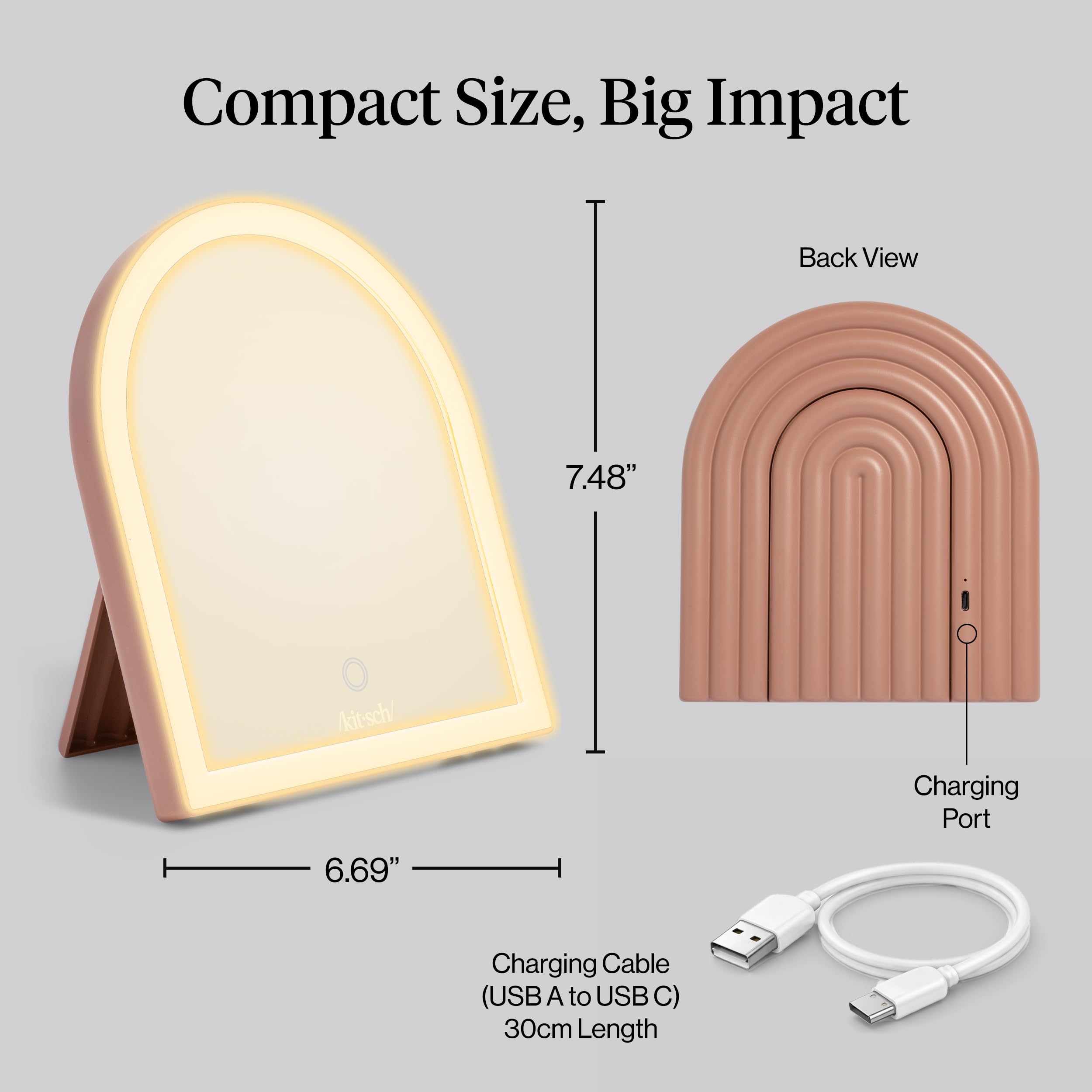 Kitsch Specchio da scrivania ad arco con luci, superficie per trucco a LED, sensore touch, dimmerabile, luce calda neutra fredda, specchio da scrivania ricaricabile con cavalletto, per viaggi