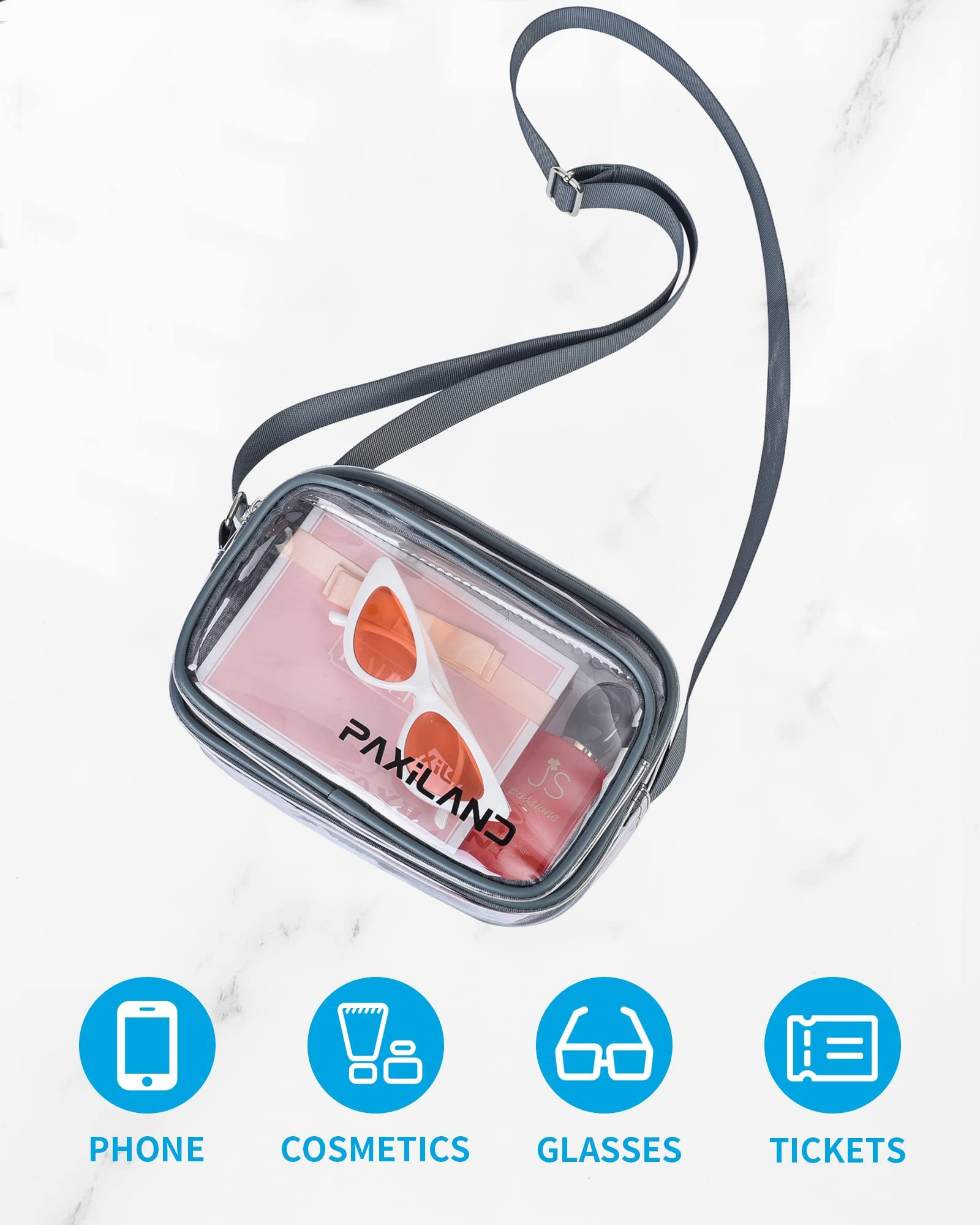 Paxiland Clear Bag Stadium Approved, Clear Purse for Stadium Concert Sport Event Work Travel Festival, Small Clear Crossbody Bag with Non-Removable Strap for Women and Men - Grey