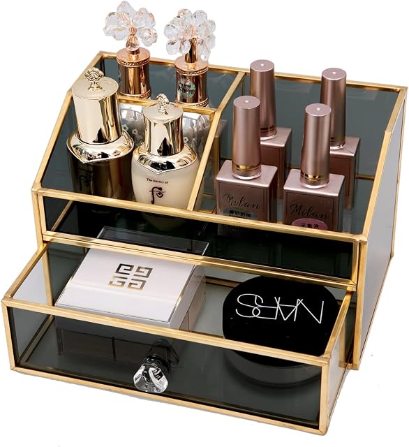 HARLIANGXY Cosmetic Organiser with Drawer  Cosmetic Storage  Make Up Organiser Gold  Vintage Dressing Table Storage Box Made of Metal and Black Glass