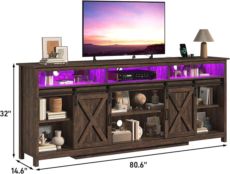 jiteentarou Farmhouse TV Stand for 90/85 Inch TV with Power Outlet, LED Entertainment Center with Storage and Sliding Barn Doors, Wood Media Console for Living Room, Brown image 2