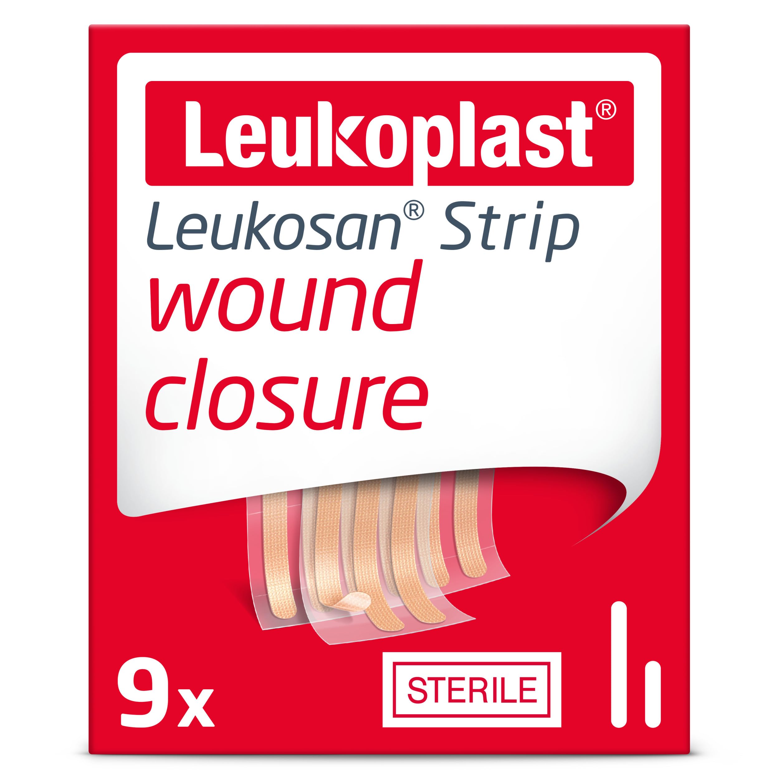 Leukosan Strip - Sterile Wound Closure Strips with Rounded Edges - Flexible and Breathable, First-aid Plasters for Superficial Cuts and Incisions – Tan – 2 Assorted Sizes – Box of 9