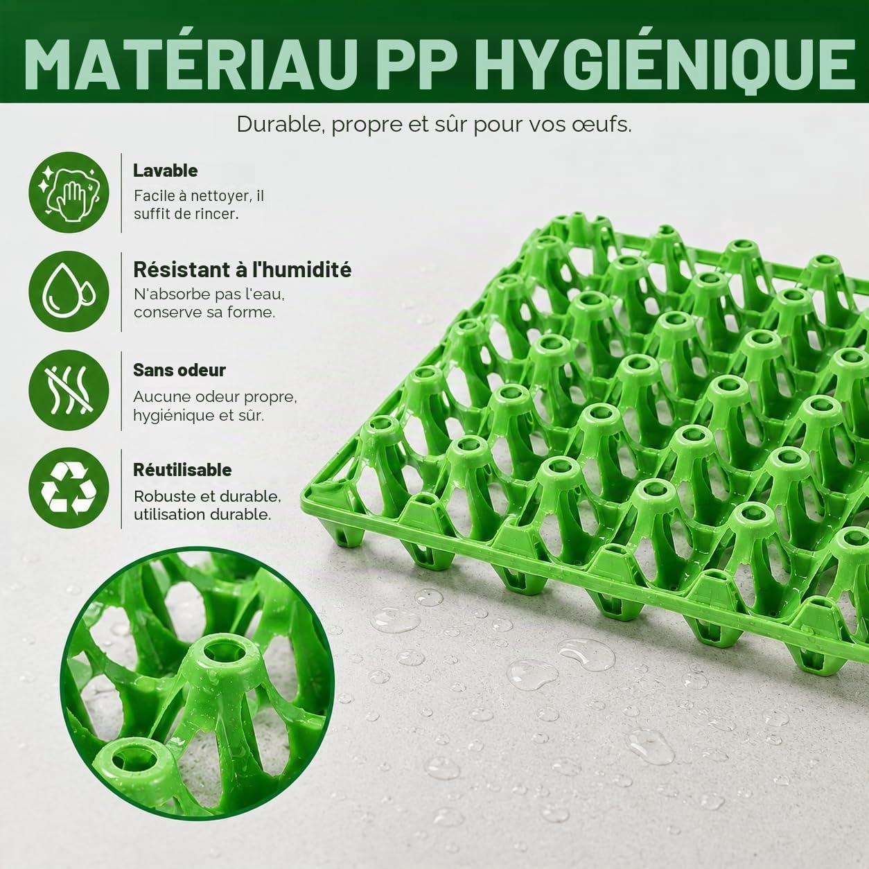 CYEER Lot de 20 Plateaux à Œufs en Plastique Vert, Alvéoles pour 30 Œufs Empilables, Casier Lavable pour Élevage de Poules, Transport et Vente sur Marché (Capacité 600 Œufs)