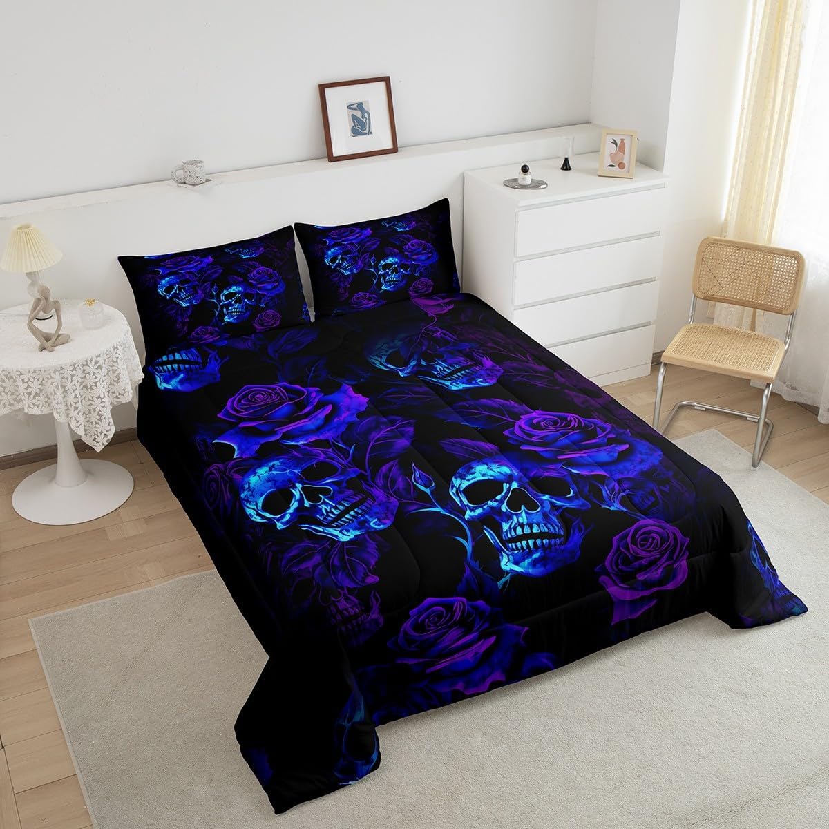 Feelyou Sugar Skull Comforter Set Queen Size Purple Blue Rose for Kids Boys Girls Teens Toddler Bedding Set Gothic Skull Duvet Set Scary Quilt Set 3Pcs