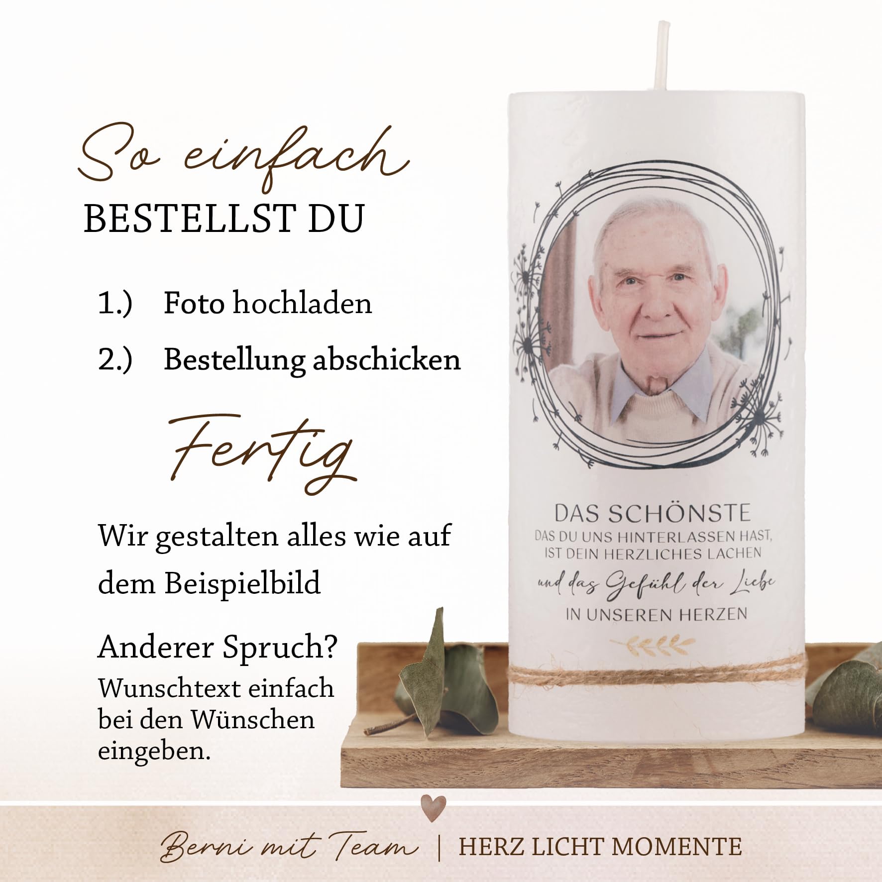 Personalisierte Trauerkerze mit Foto | moderne Rustikkerze 7x20 cm | Gedenkkerze | Erinnerungskerze | Individuelle Kerze zum Abschied | Fotokerze (Foto Kreis Puste, Klein - 7x15)