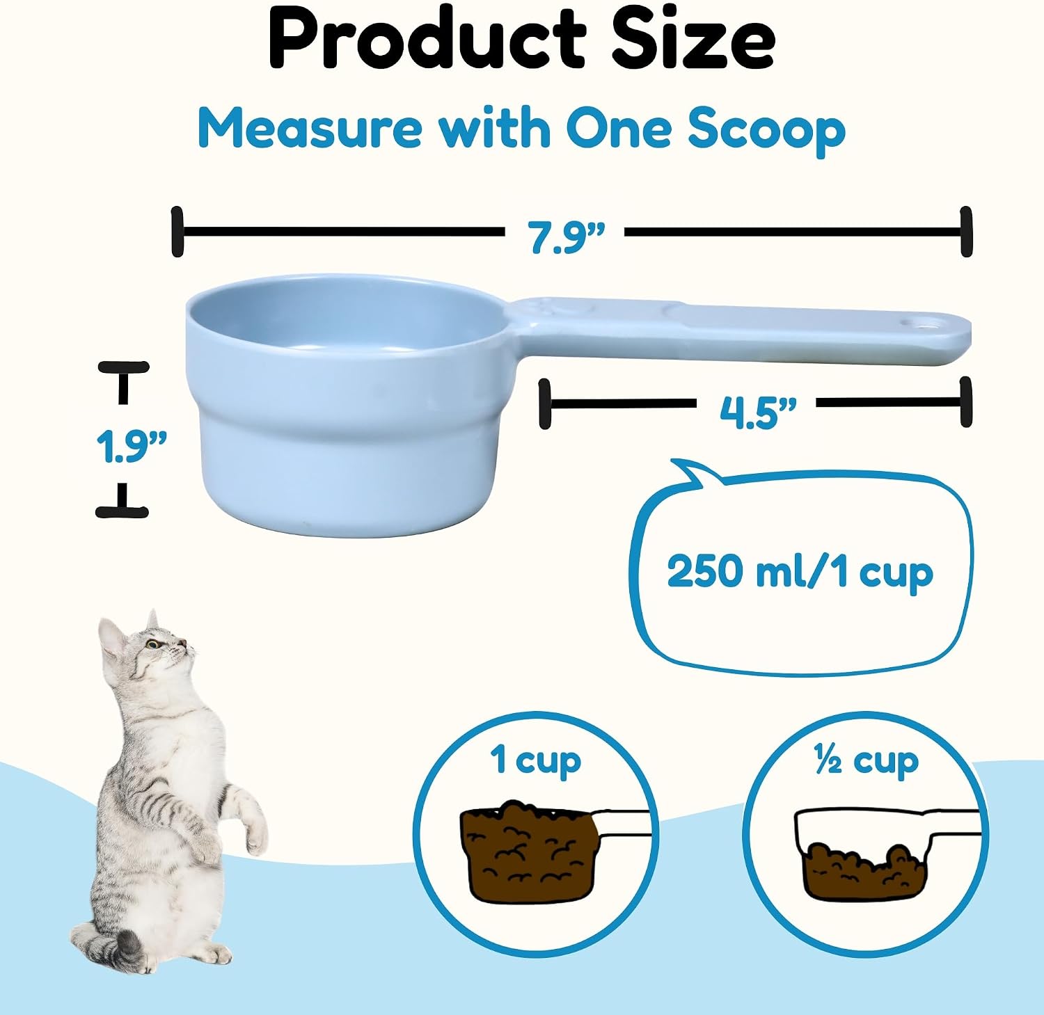 1 Cup & 1/2 Cup Dog Food Scoop, Extra Long Handle Sturdy Melamine Pet Food Measuring Scoop with Clear Marking Lines, BPA-Free, Shatterproof, Dishwasher Safe (Green + Blue, 1 Cup + 1/2 Cup)
