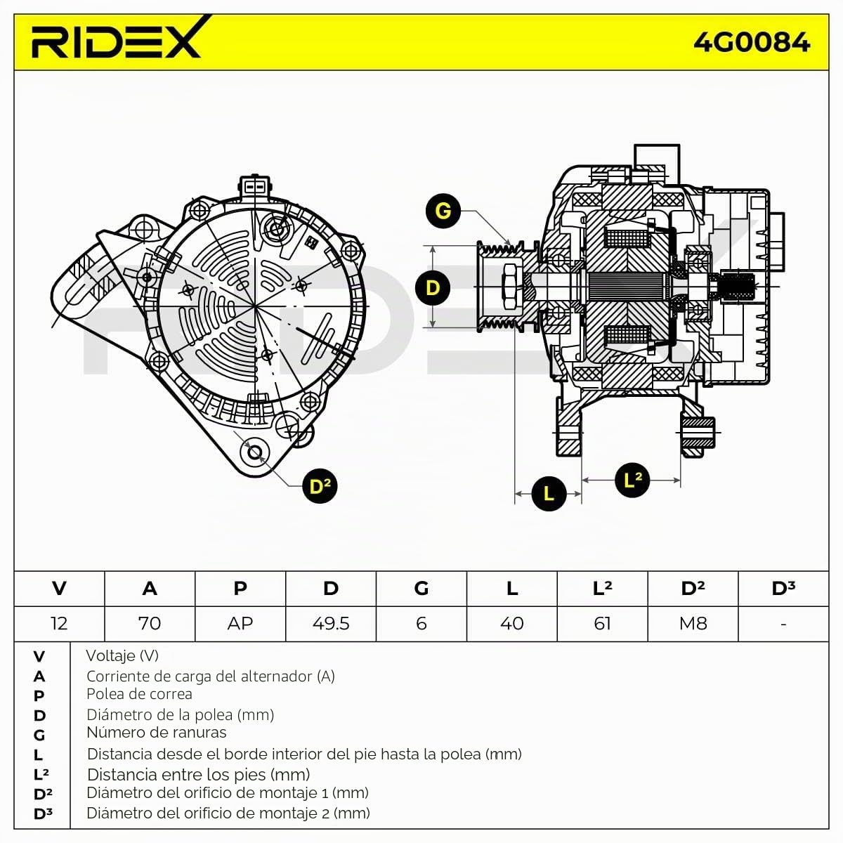 RIDEX 4G0084 Alternador Compatible con VW Transporter T4 Bus 70B, 70C, 7DB, 7DK, 70J, 70K, 7DC, 7DJ