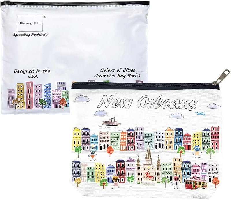 Necessaire de maquiagem Beary Blu com estampa inspirada em New Orleans e zíper, 1 unidade