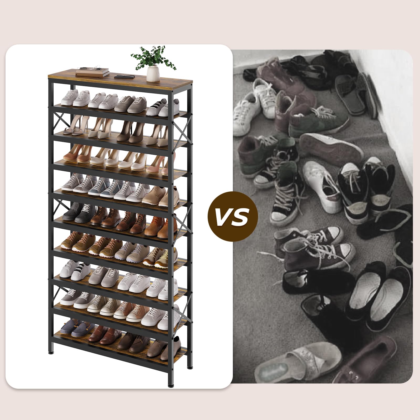 YATINEY Porte-Chaussures 10 Niveaux 173,5 cm Haut, 30-40 Paires (Plateau Supérieur Inclus), 3 Croisillons en Métal par Côté, pour Entrée, Salon, Chambre, Marron Rustique et Noir XSS210BR