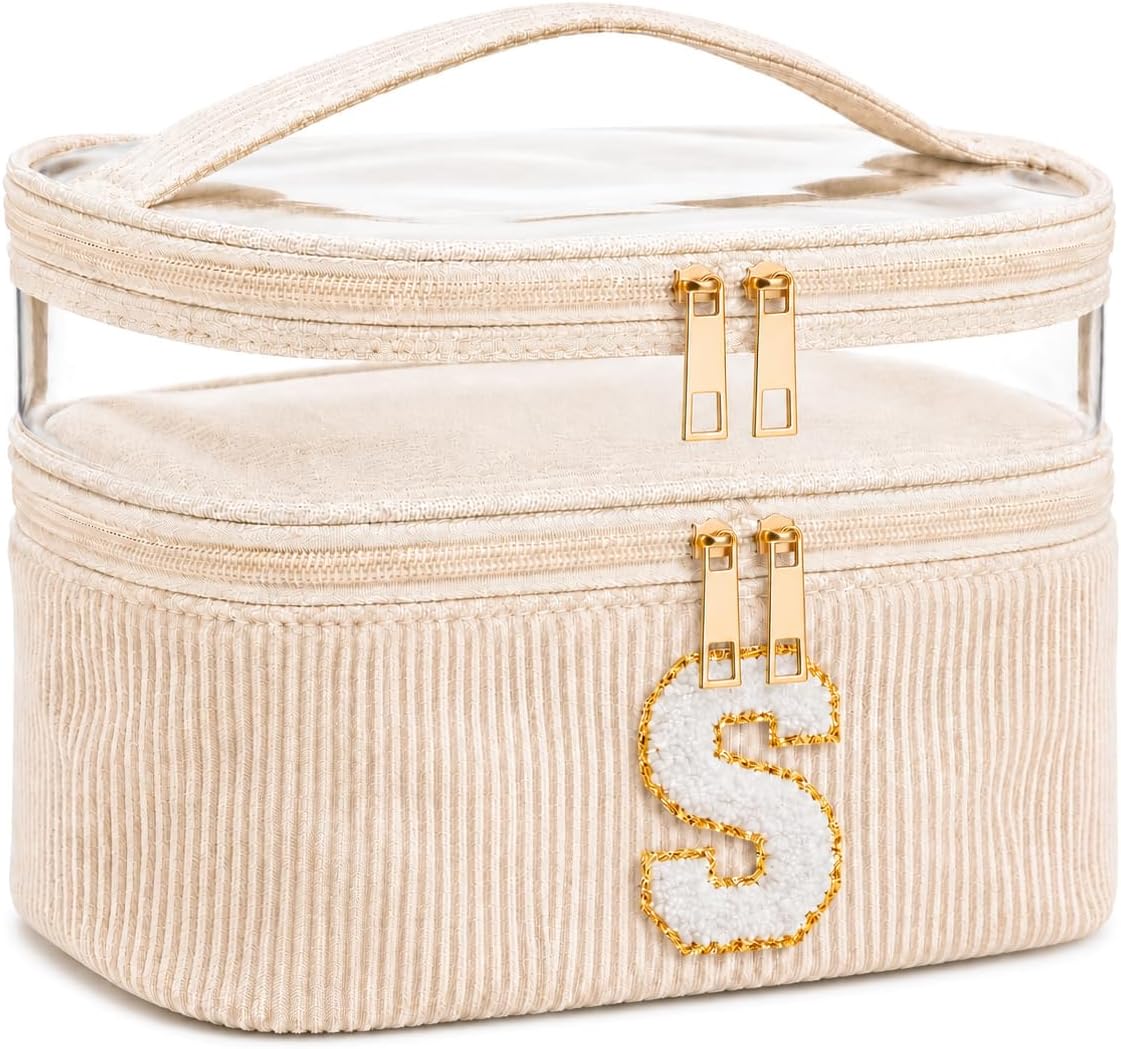 Initial Makeup Bag for Women, Double Layer Corduroy Cosmetic Bag, Preppy Letter Travel Toiletry Pouch, Large Capacity Makeup Organizer for Travel, Purse, Vanity & Gifts (Beige, S)