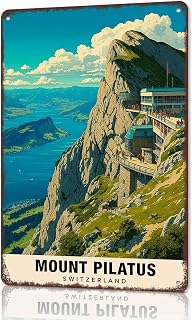 Mount Pilatus Switzerland Landscape Vintage Travel Metal Sign 8 x 12 Inch | Vintage Landscape Wall Decor for Home, Living Room, Office, Cafe, Travel Gift for Art Lovers