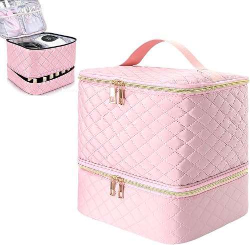 Nail Varnish Storage, Double Layer Nail Bag Organiser Cosmetic Bag with Adjustable Dividers for 30 Bottles Lipstick, Manicure Tools Storage, Pink, Classic