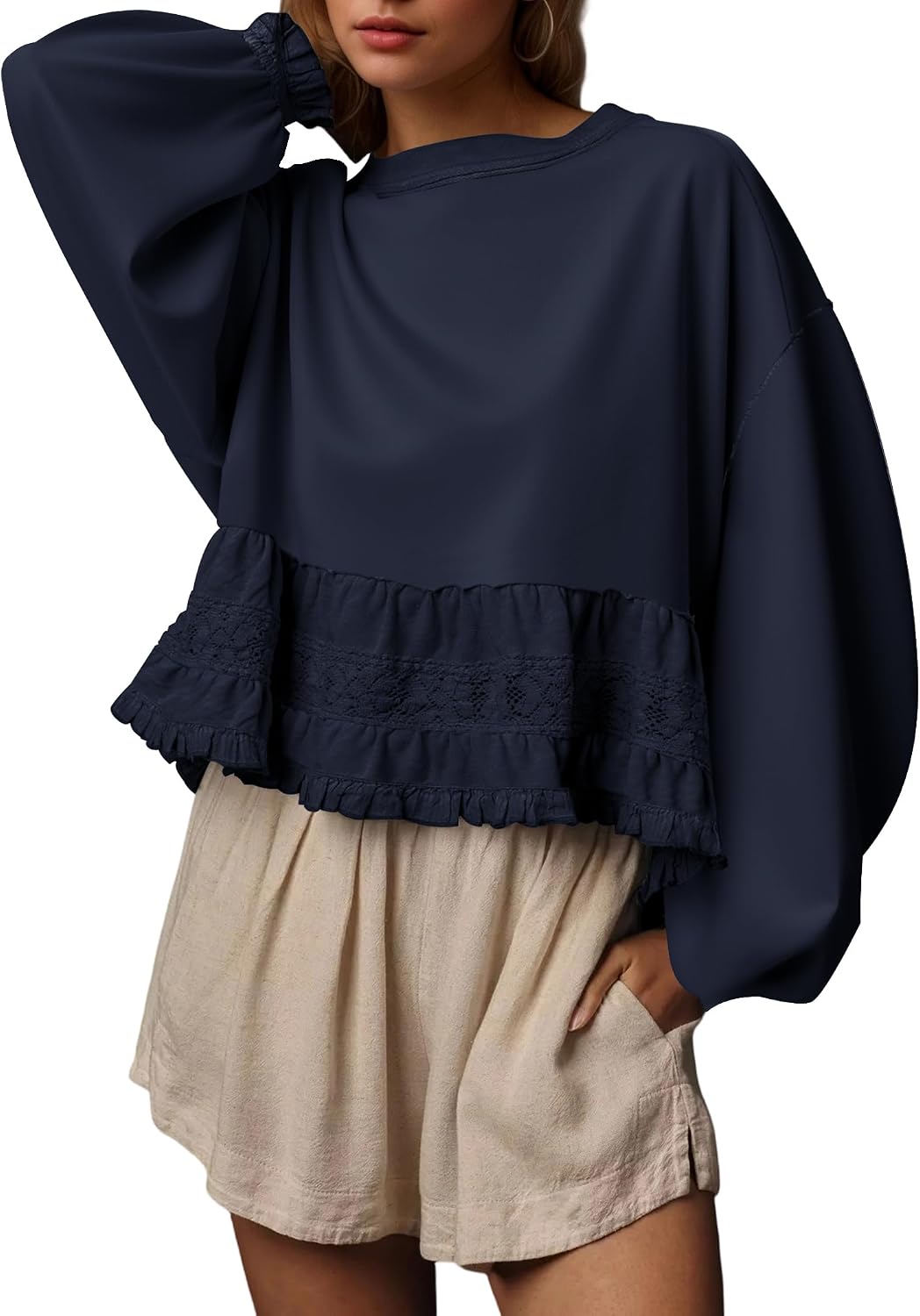 Burtell Crew Neck Crop Oversized Sweatshirts For Women Casual Long Puff Sleeve Babydoll Tops Loose Lace Patchwork Peplum Top image 5