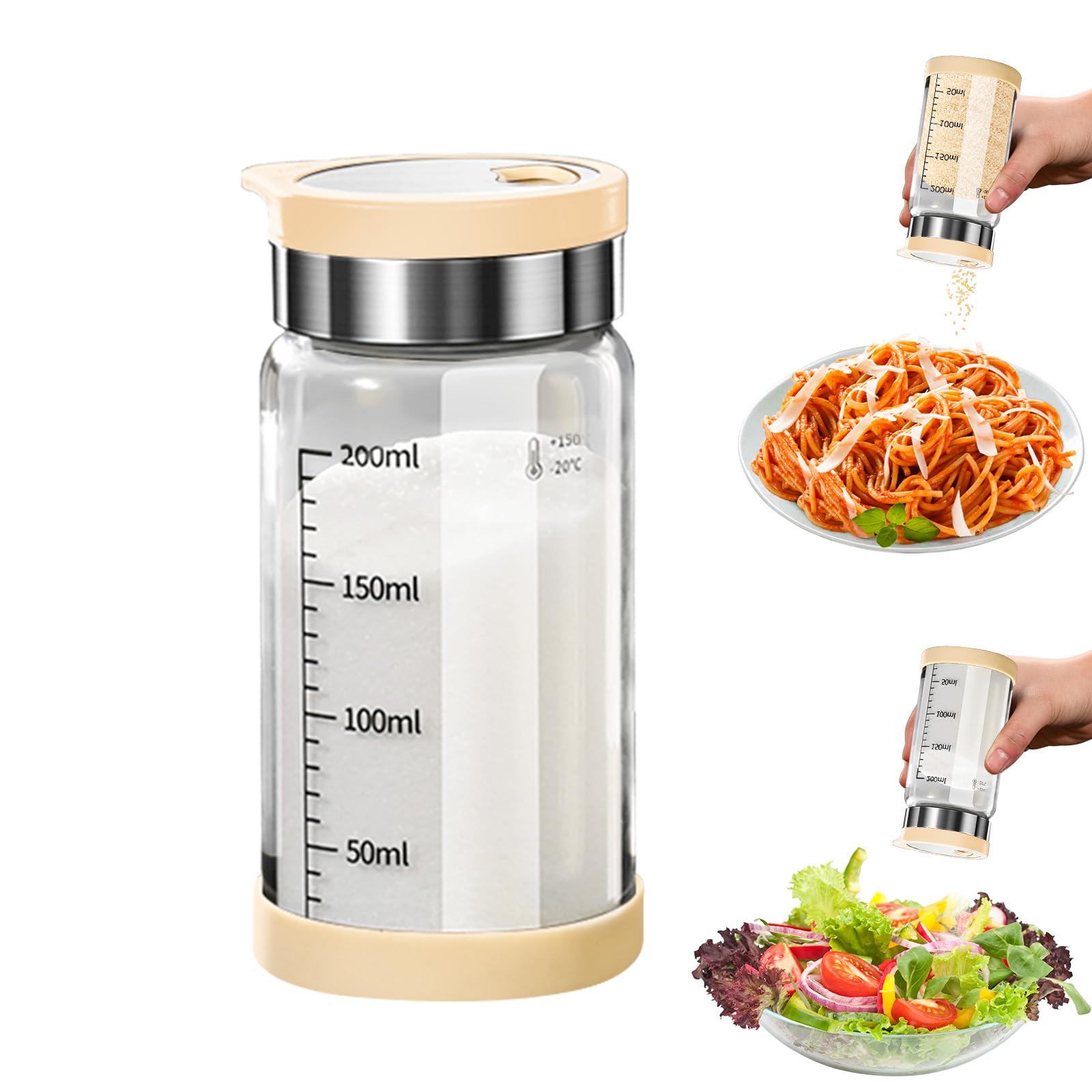 Salière et poivrière, verre borosilicaté haut avec couvercle en acier inoxydable, distributeur de sel pour cuisine (kaki, 200 ml)