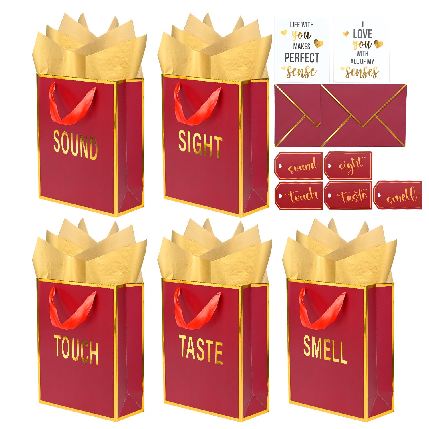 Nimbbex Gold Foil 5 Senses Gift Bags for Him Her with Labels Envelopes and Cards, Five Senses Gift Bags with Tissue Handle for Birthday, Anniversary, Mother's Day, Valentine's Day 9x7x3.2 Inch (Red)