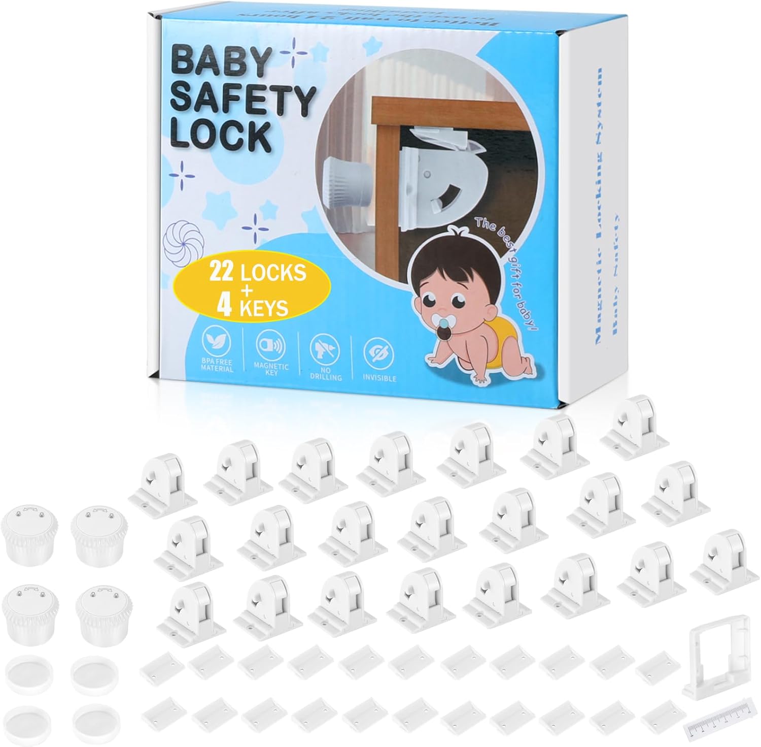 18 Pack Magnetic Cabinet Locks for Child Safety, Drawer Locks Baby Proofing, Magnetic Door Safety Locks for Cabinets and Drawers, Easy Installation No Tools Required (18 Pack and 2 Keys)