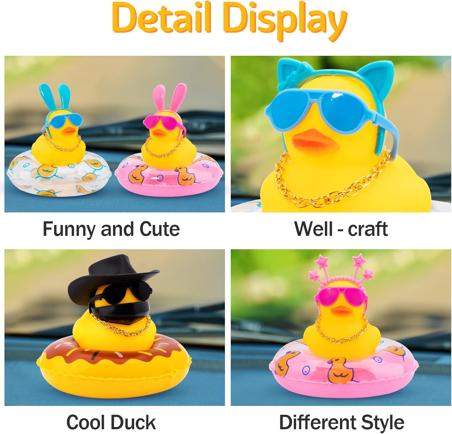 wonuu Car Duck Rubber Duck Car Ornaments Duck Car Dashboard Decorations with Cute Headband Swim Ring Necklace Sunglasses, A-Blue Hat-Blue Glasses
