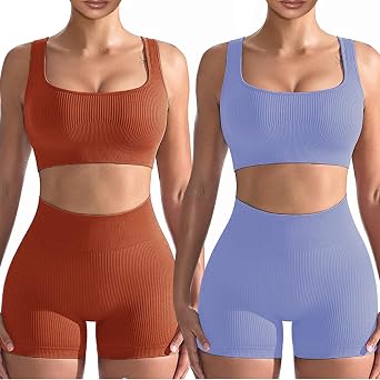 Workout Sets for Women 2 Piece, Cute YOGA Workout Set, Two Piece Workout Outfits,2 Pack L, Dark orange+purple