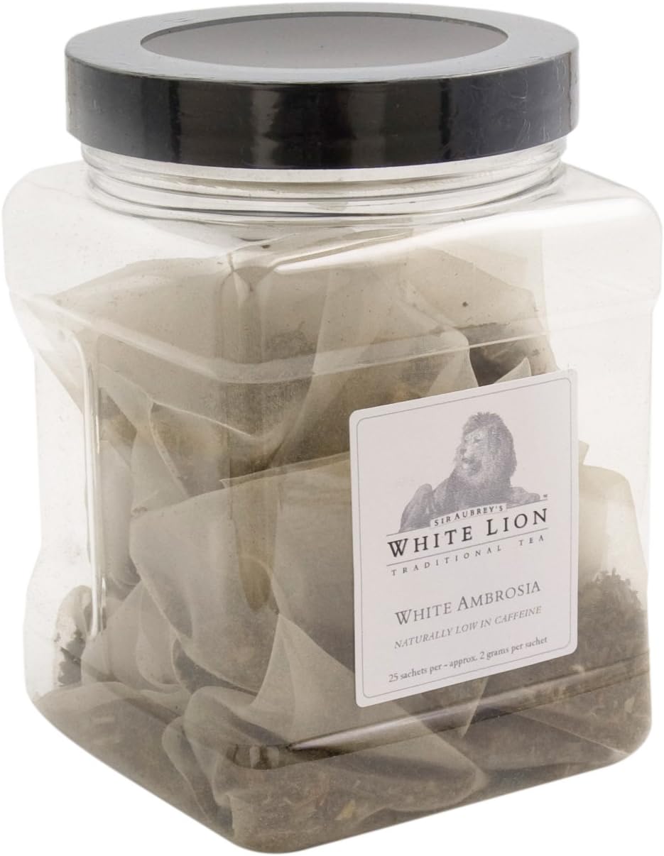 White Lion USDA Organic White Ambrosia Tea Blend| Non Gmo| White Tea| 25 Sachets Tin