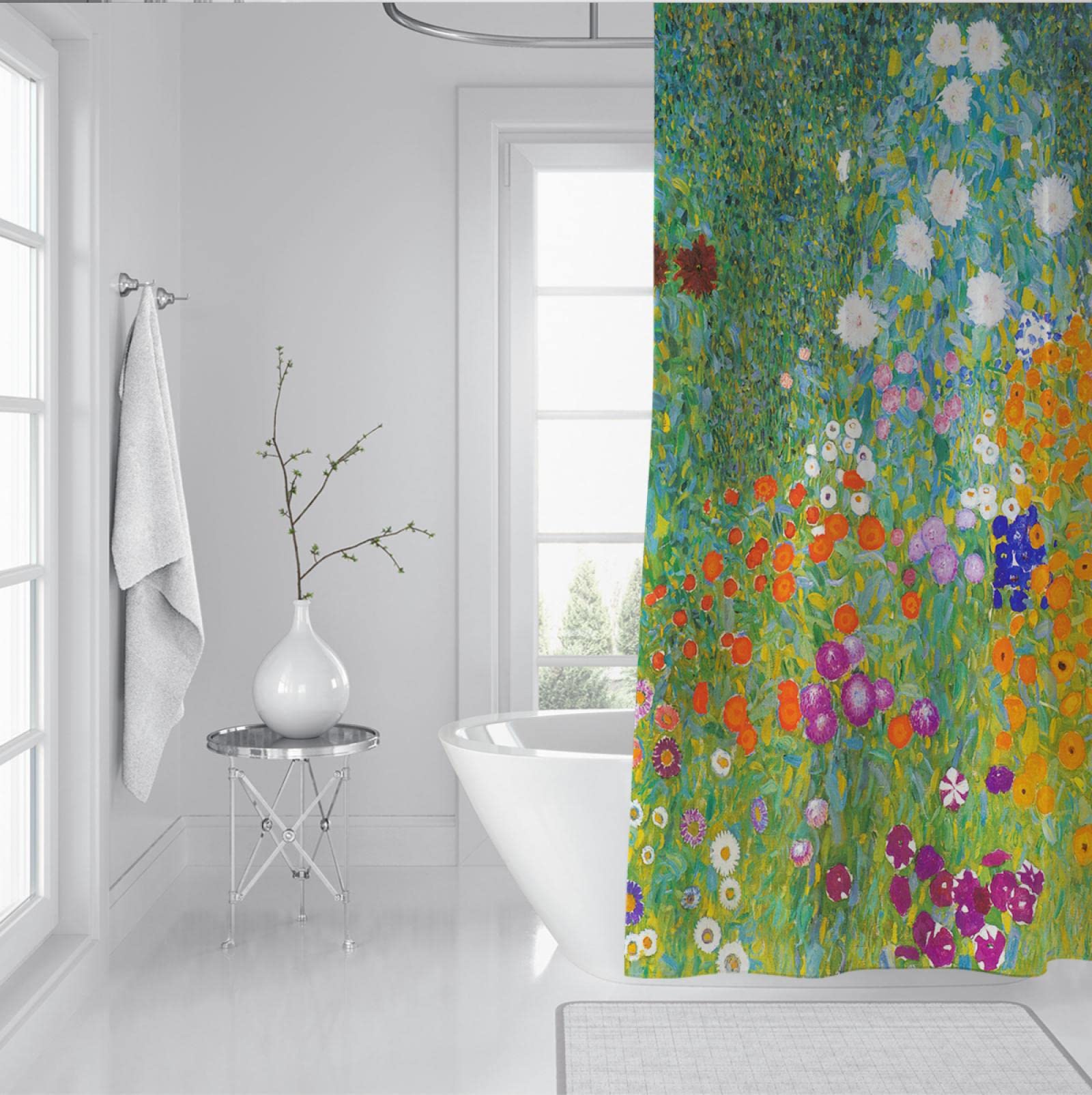 Gustav Klimt Duschvorhang für Badezimmer Innovatives Design Weiß und Orange Blumenstoff Duschvorhänge Modern Luxus Elegant Hotel Stil 150x200cm