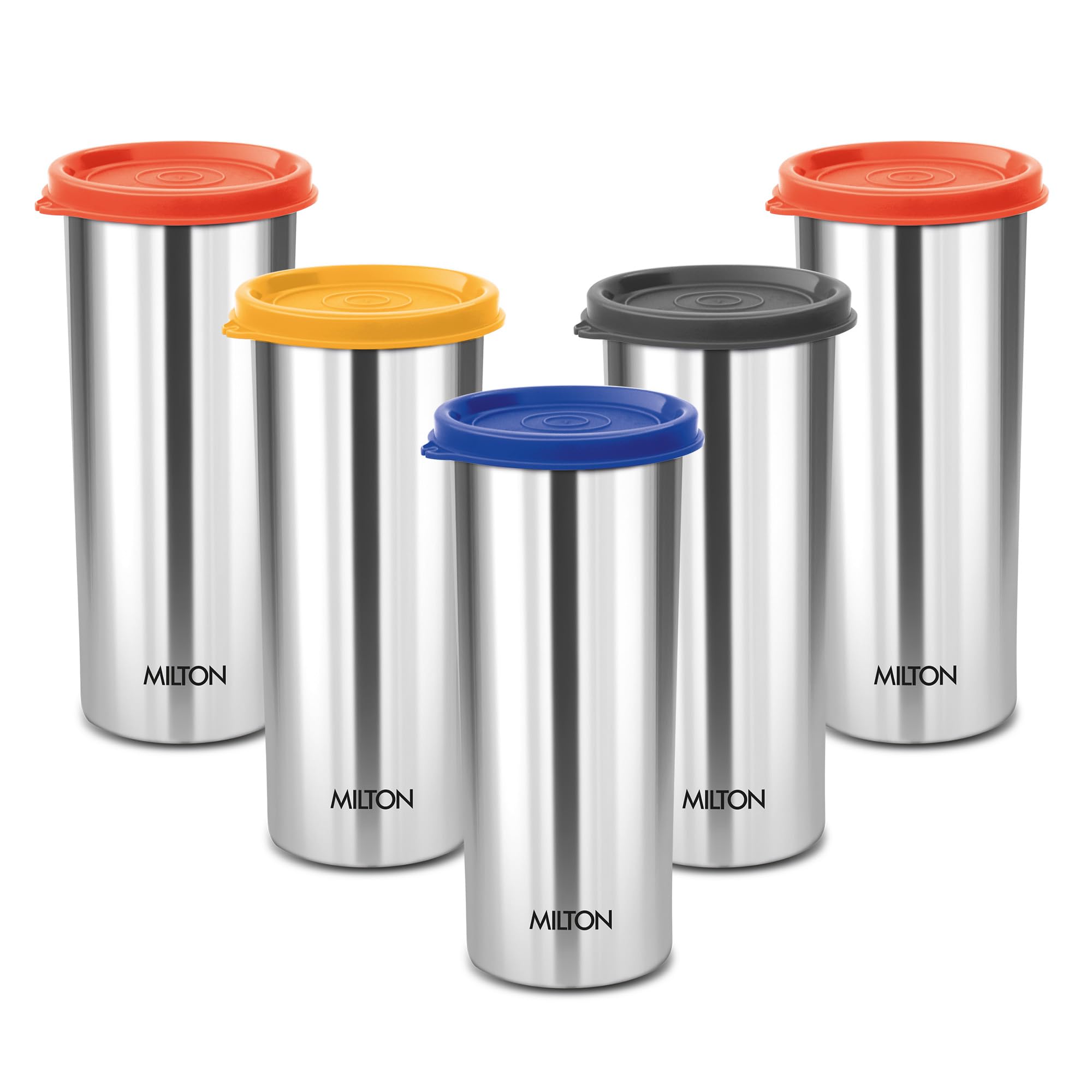 MILTON Stainless Steel Tumbler with Lid Set of 5, 530 ml Each, Assorted (Lid Color May Vary) | Office | Gym | Yoga | Home | Kitchen | Hiking | Treking | Travel Tumbler