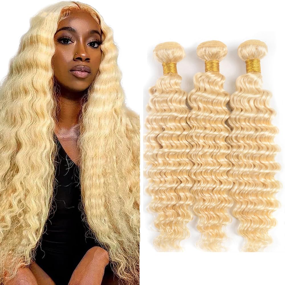 View 1 of #613 Deep Wave Bundles Human Hair Blonde Bundles 18 20 22 Inch Virgin Double Weft Bleach Blonde Deep Curly Bundle Human Hair Extenisons 50g/Bundle Total 150g