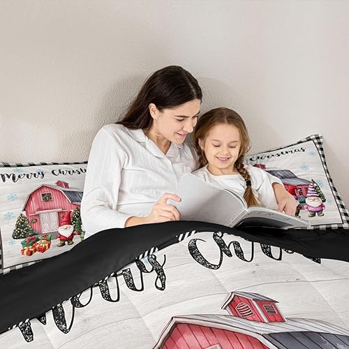 Miniatura 5 de Juego de edredón de gnomos de Navidad, rústico, casa roja, juegos de ropa de cama de Navidad, edredón a cuadros negros y blancos para niños,