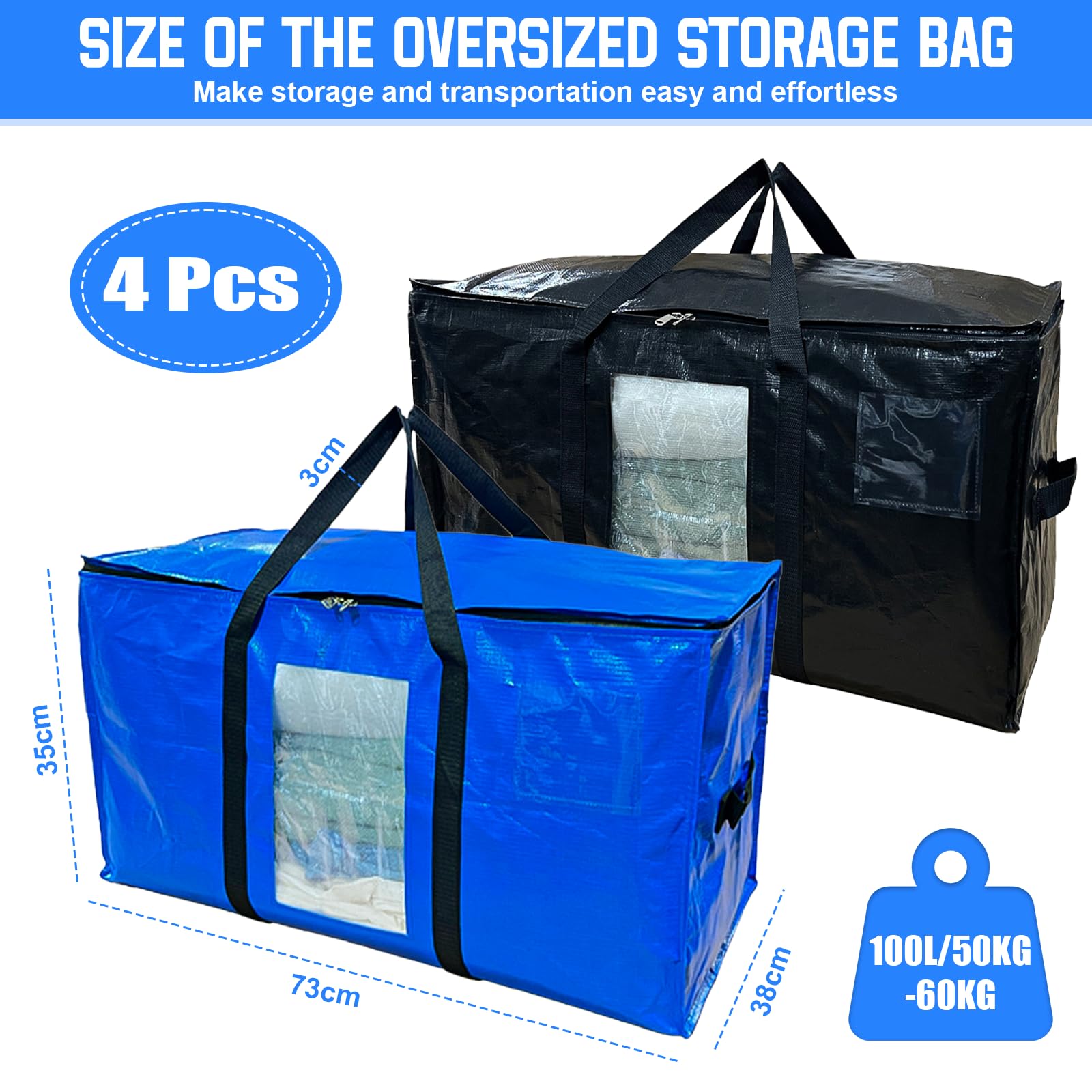 Borse da Trasloco Grandi 100 L con Manici e Cerniere, Borsa Portaoggetti Trasparente per Vestiti Coperte (Nero, Blu)