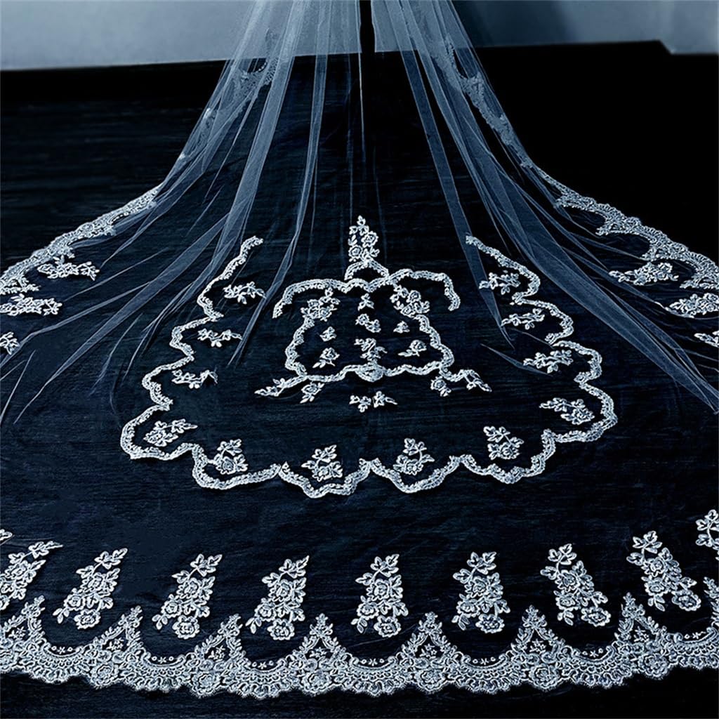 Stile Europeo di Copertura del Velo da Sposa con Coda Lunga in Pizzo e Accessori per Copricapo