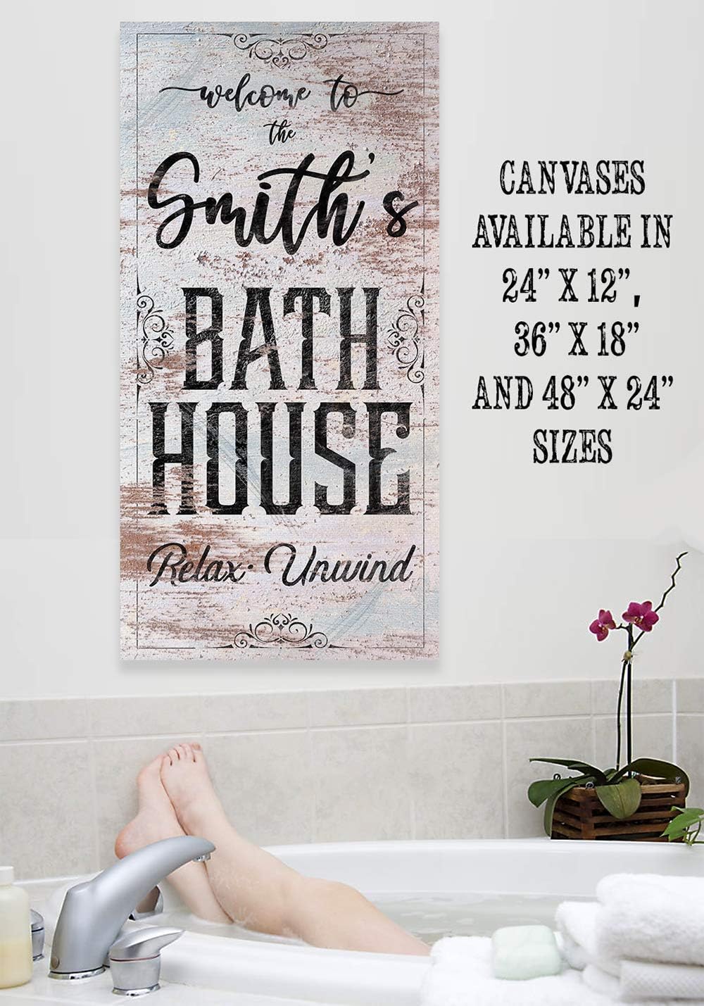 Personalized Bath House Print - Classic Farmhouse Bathroom Wall Decor, Customized Print with Family Name, Great Housewarming Gift, Rustic Metal Sign Style Stretched Vertical Canvas Print 12x24