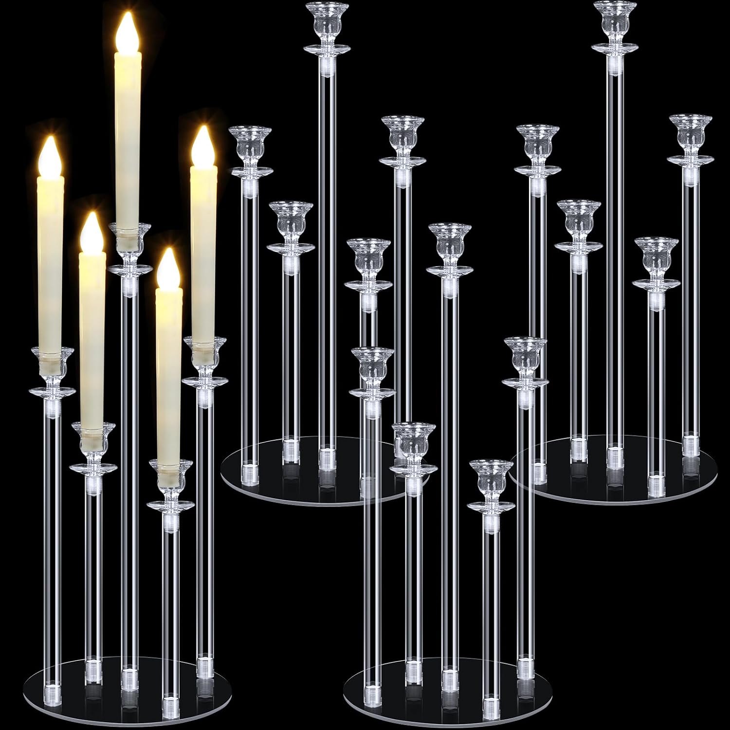 Layhit 4 Sets Acrylic Candelabra Candle Holder 5 Arm Candelabra Wedding Table Centerpiece 18.1" Tall Acrylic Clear Candle Holder with Base Candlesticks for Easter Party Decor, Fit 0.87'' Led