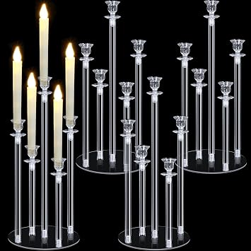 Layhit 4 Sets Acrylic Candelabra Candle Holder 5 Arm Wedding Table Decor | 18.1" Tall Acrylic Clear Candle Holder with Base Candlesticks Decoration for Party Table Centerpiece, Fit 0.87 Led