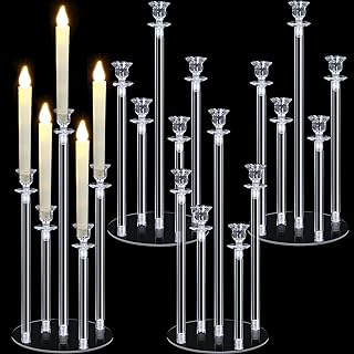 Layhit 4 Sets Acrylic Candelabra Candle Holder 5 Arm Candelabra Christmas Table Centerpiece 18.1" Tall Acrylic Clear Candle Holder with Base Candlesticks for Thanksgiving Wedding Decor, Fit 0.87''