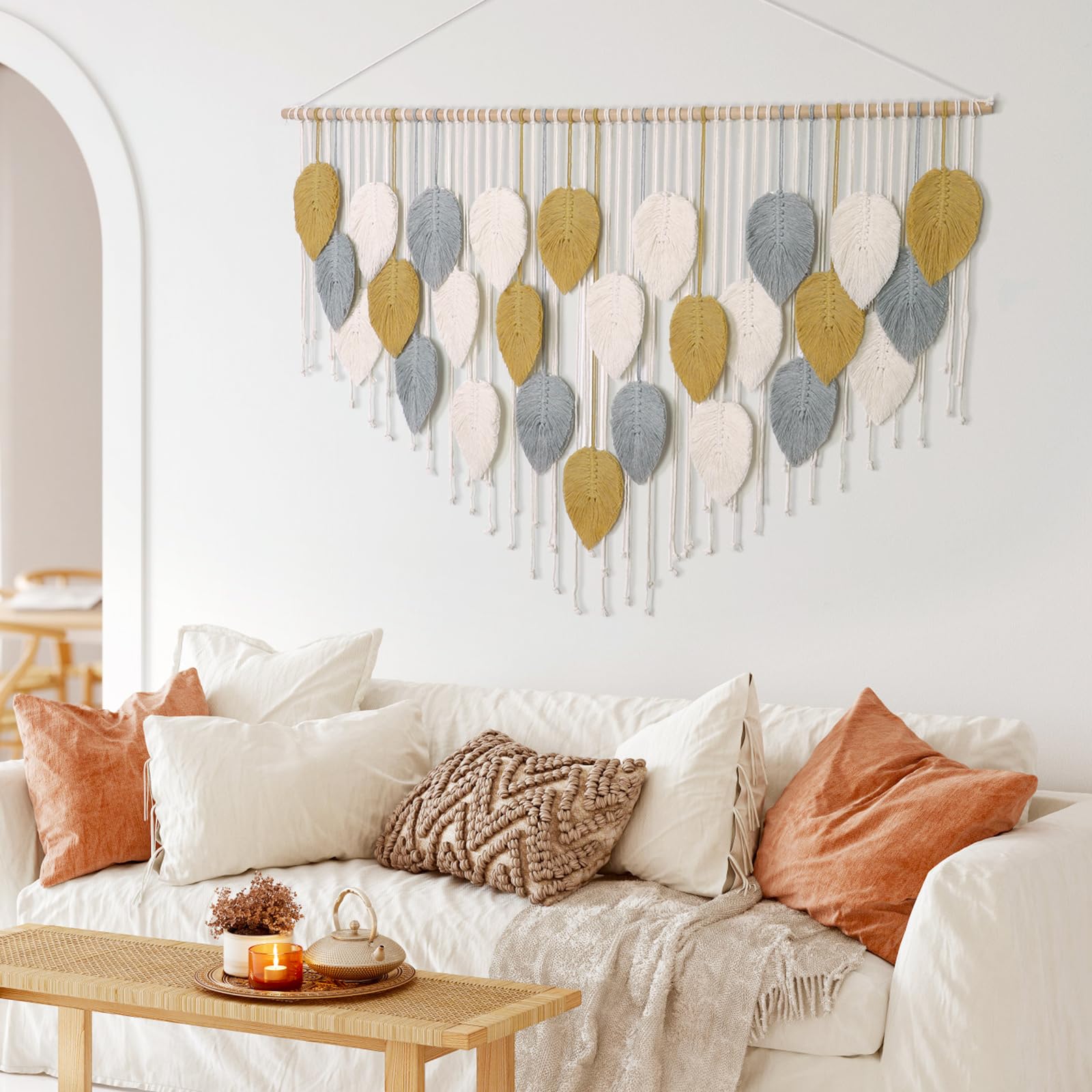 Weldomcor Macrame da Parete in Macramè, Decorazione Bohémien, Decorazione per la Casa, Camera da Letto, 130 x 85 cm（Kaki, Grigio）