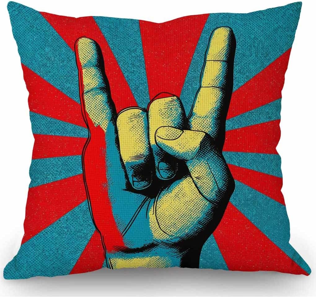 SSOIU Hand in Rock n roll Sign Decorative Throw Pillow Covers 18x18 Inches Cotton Linen Cushion Cover for Home Couch Sofa Bench Decor