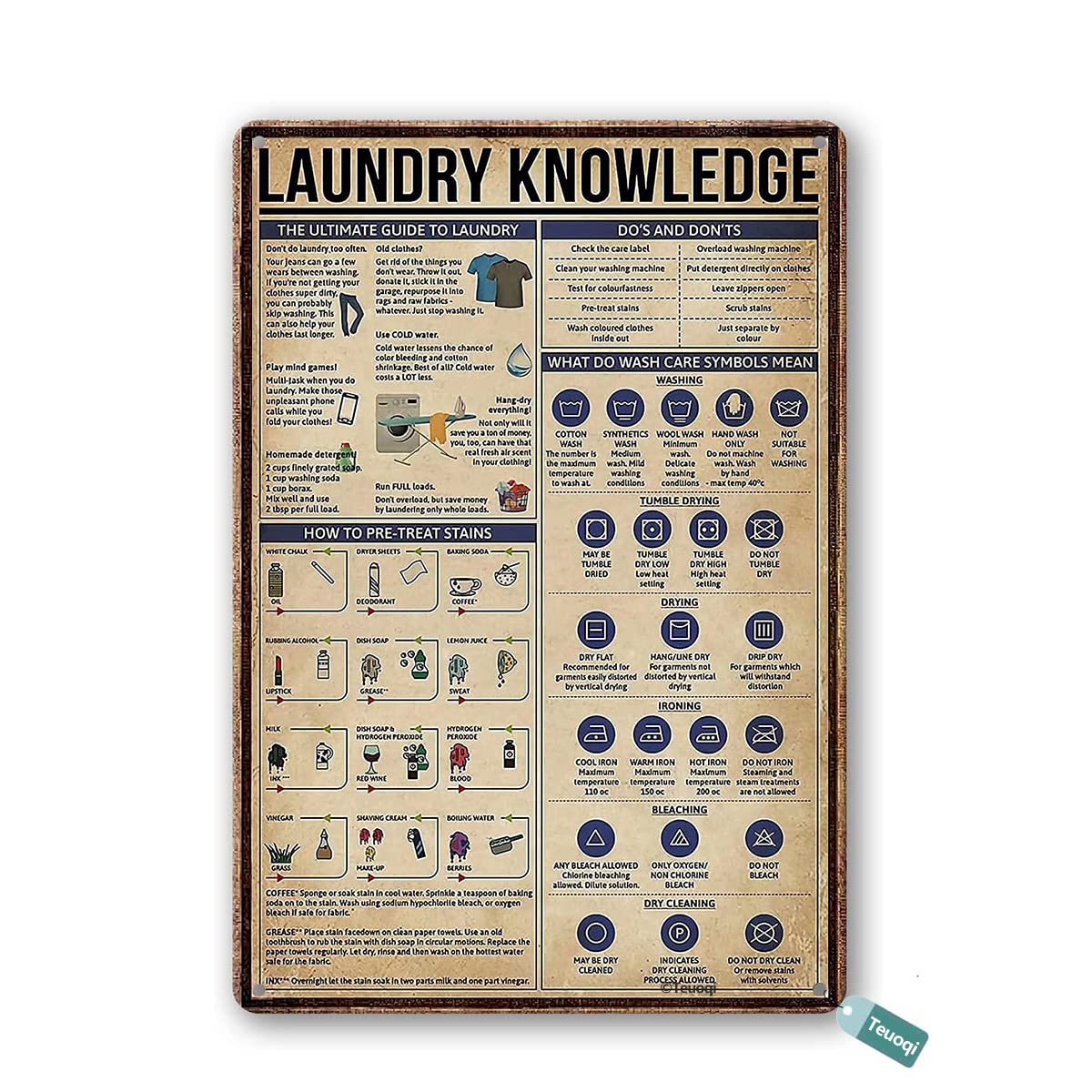 Vintage Tin Sign Laundry Knowledge Metal Tin Sign The Ultimate Guide to Laundry Metal Tin Sign Wall Art Kitchen Poster Cafe Pub Plaque 8x6 Inch