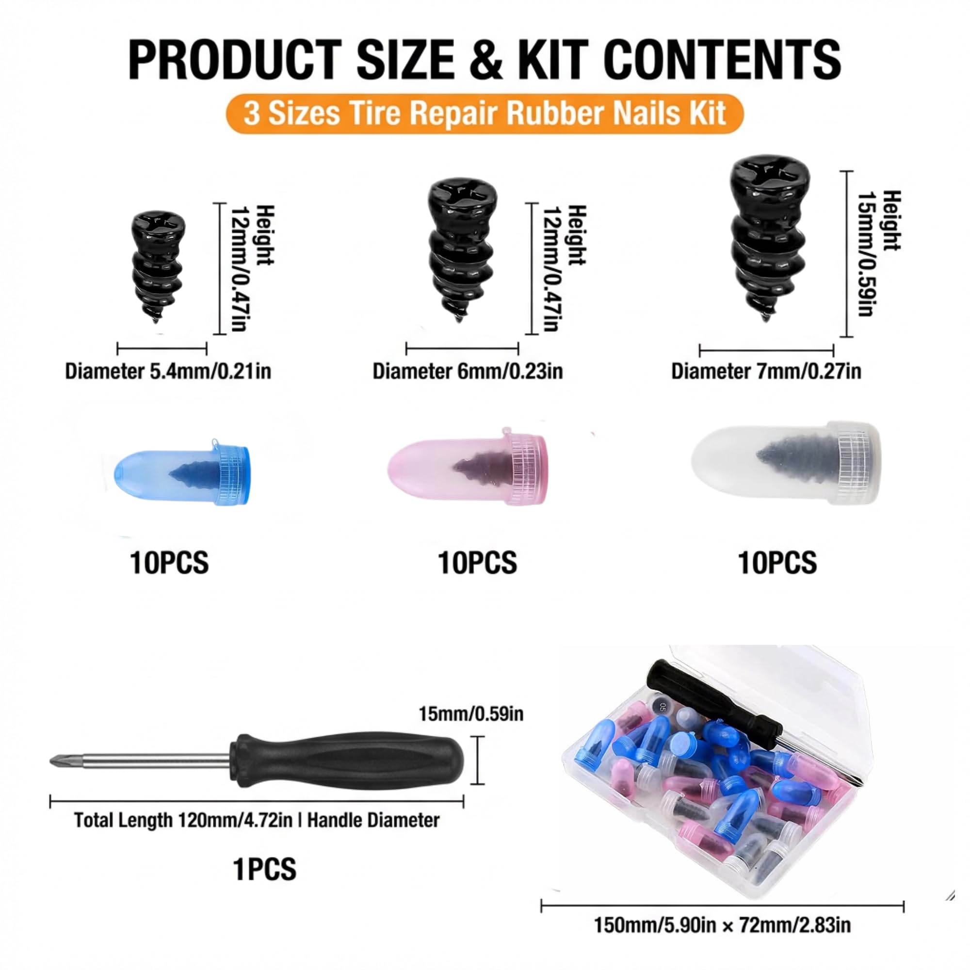 30 Piezas Kit Antipinchazos Coche Repara Pinchazos con 3 Tamaños (10 S+10 M+10 L) de Clavos de Goma para Neumáticos al Vacío y Destornillador Kit de Reparación de Neumáticos para Coche Moto Bicicleta - 3