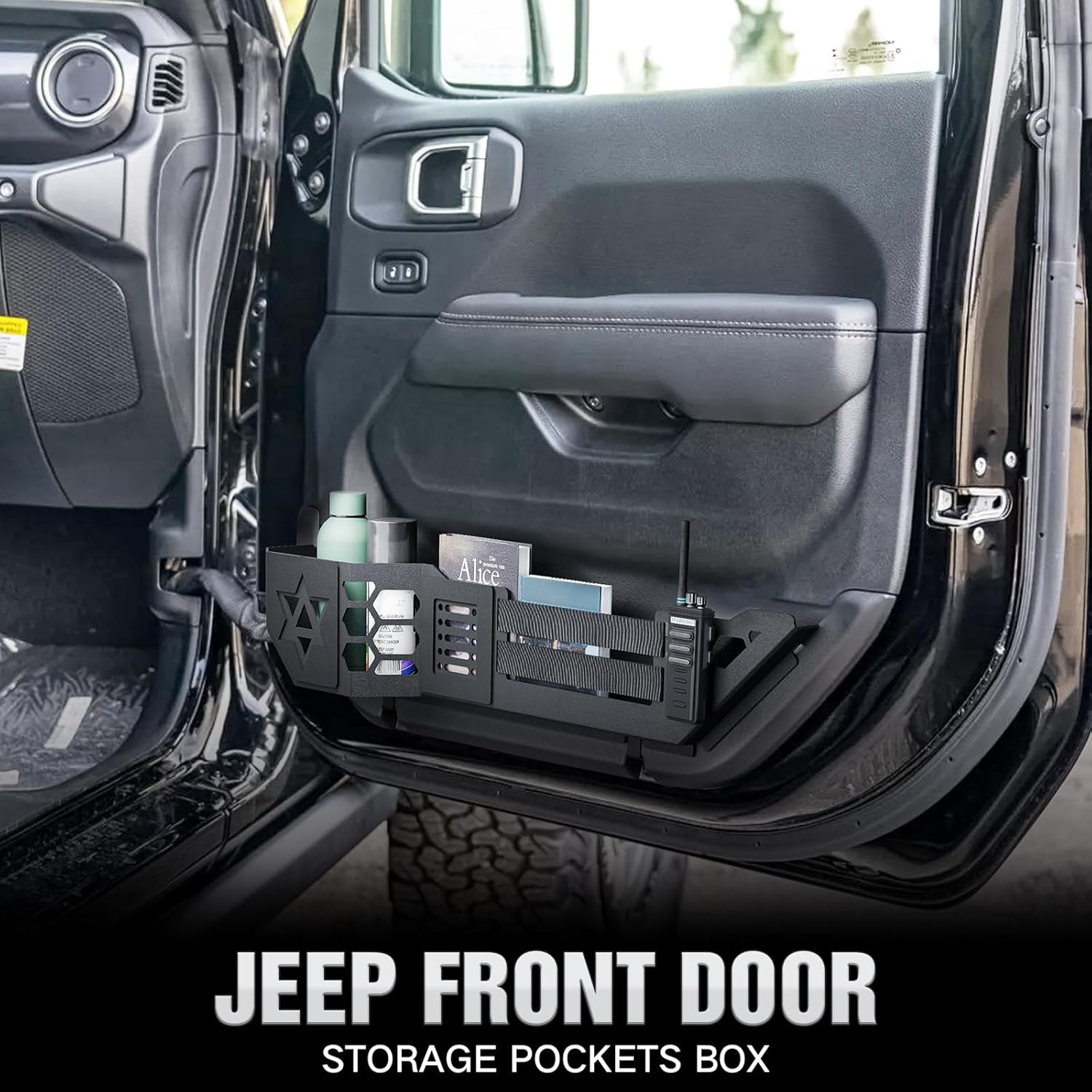Front Door Storage Pockets Box Compatible with 2018-2026 Jeep Wrangler JL JLU 4XE & 2020-2026 Gladiator JT for Manual/Power Seats, Side Door Insert Organizer Molle Panels Accessories (2PCS)
