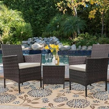 JUMMICO 3 Pieces Patio Furniture Sets Outdoor Patio Chairs Set of 2 PE Rattan Wicker Chairs with Table for Garden Porch Lawn PoolsideBrown/Beige