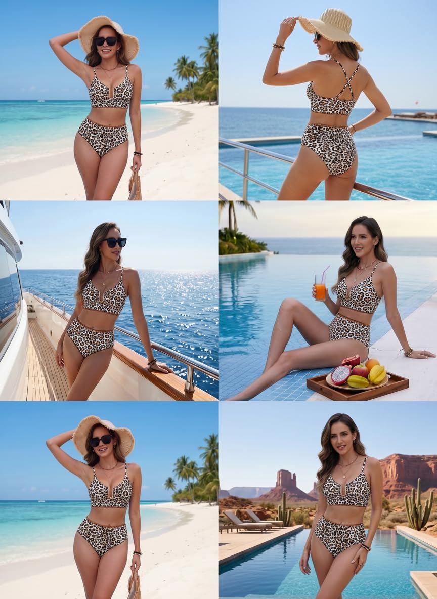 HORISUN Bikini taille haute pour femme, deux pièces avec bretelles réglables, fermeture en U en métal, push up, amincissant, maillot de bain pour les vacances à la plage, la piscine