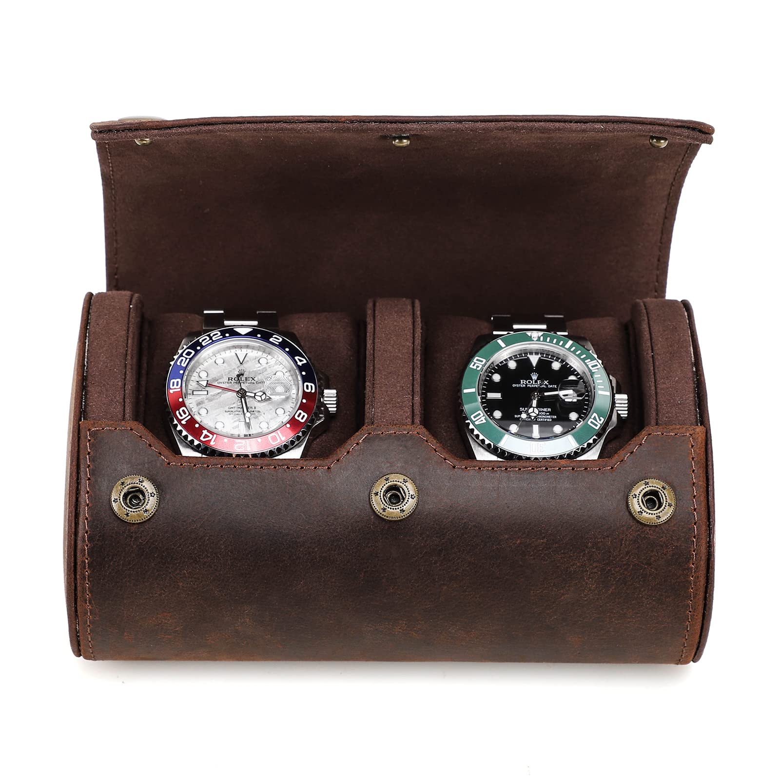 CONTACTS Boîte de voyage en cuir véritable pour montres, rouleau, boîte organisatrice pour 2 montres, manche portable protecteur pour affichage de montre, pour voyage vintage (Coffee-CF1137)