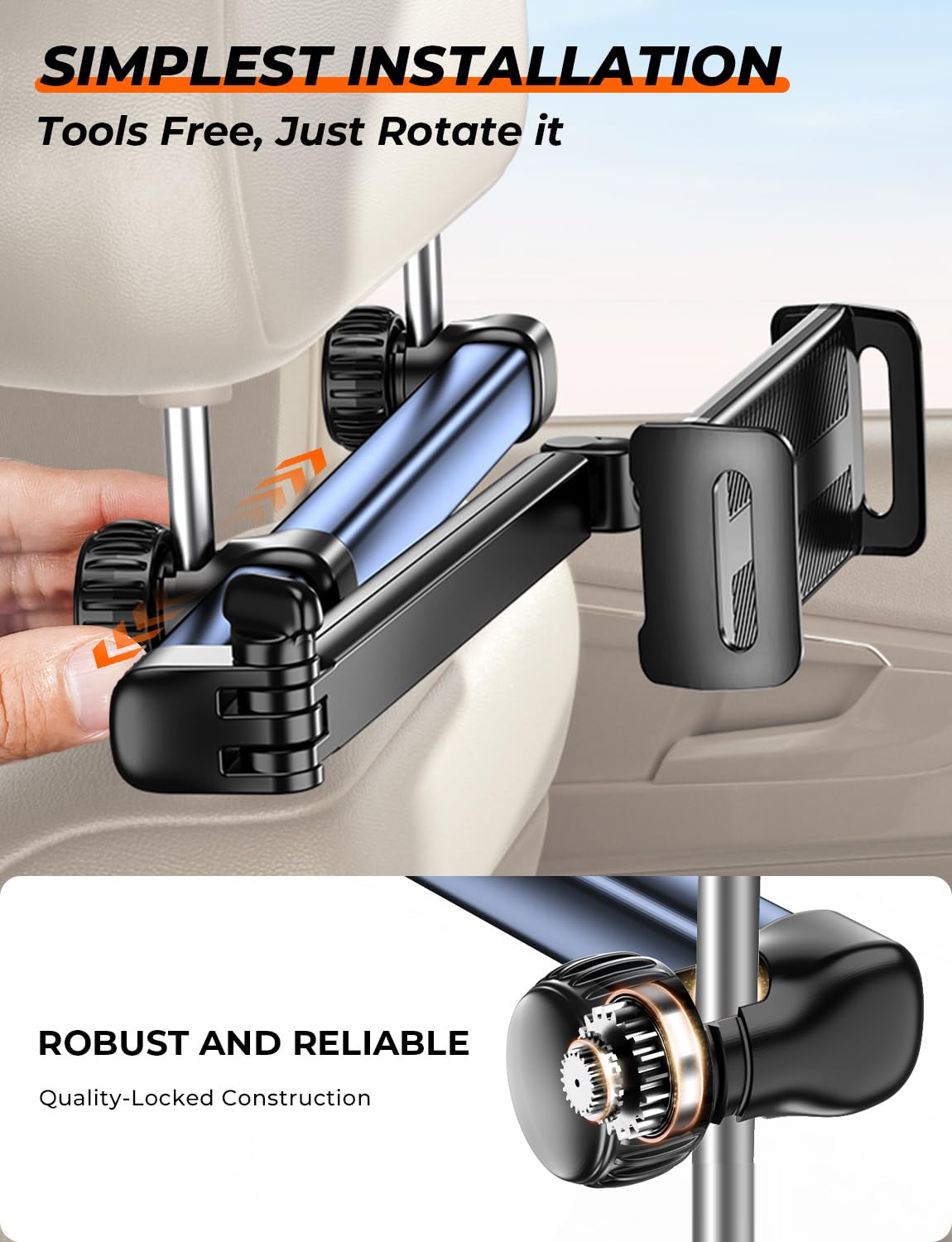 TRYONE Support Tablette Voiture appuie-tête – Bras Long 46 cm, 3-en-1 pour iPad, Switch, Smartphones 4,7–16,1", idéal Enfant & Voyage | Bras ultra-long 46 cm à triple axe pour placer la tablette au centre du siège arrière.