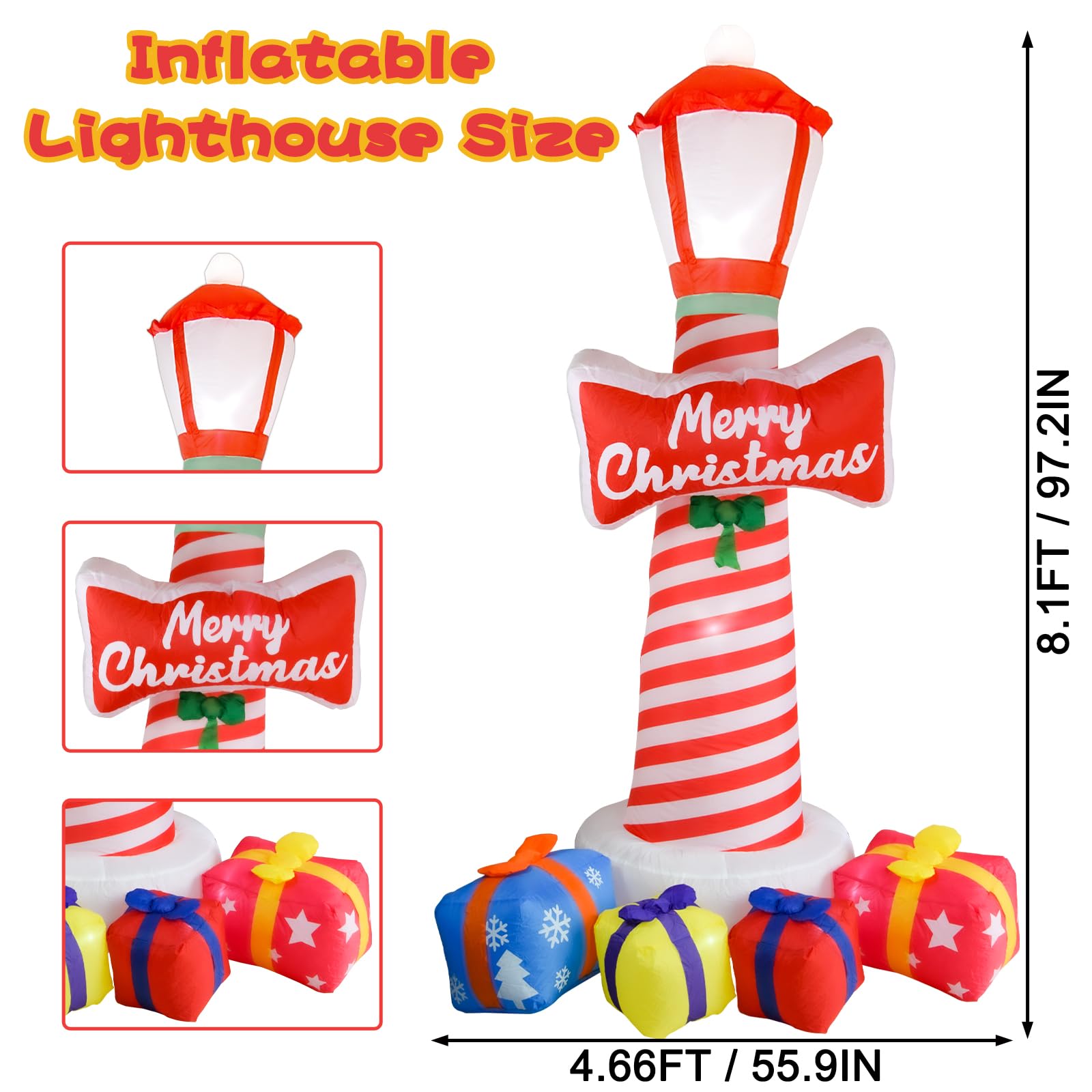 Faro Inflable de Navidad de 8,1 Pies Con Cajas de Regalo, Decoración de Patio Con Luces LED para Césped de Vacaciones