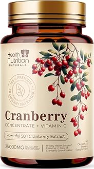 Cranberry Pills Supplement 25,000mg - Fresh Cranberry Equivalent Powder Extract with Vitamins C & E - Urinary Tract Health Support, Cran Berry Fruit, Sugar Free Formula, Bottled in USA - 60 Capsules
