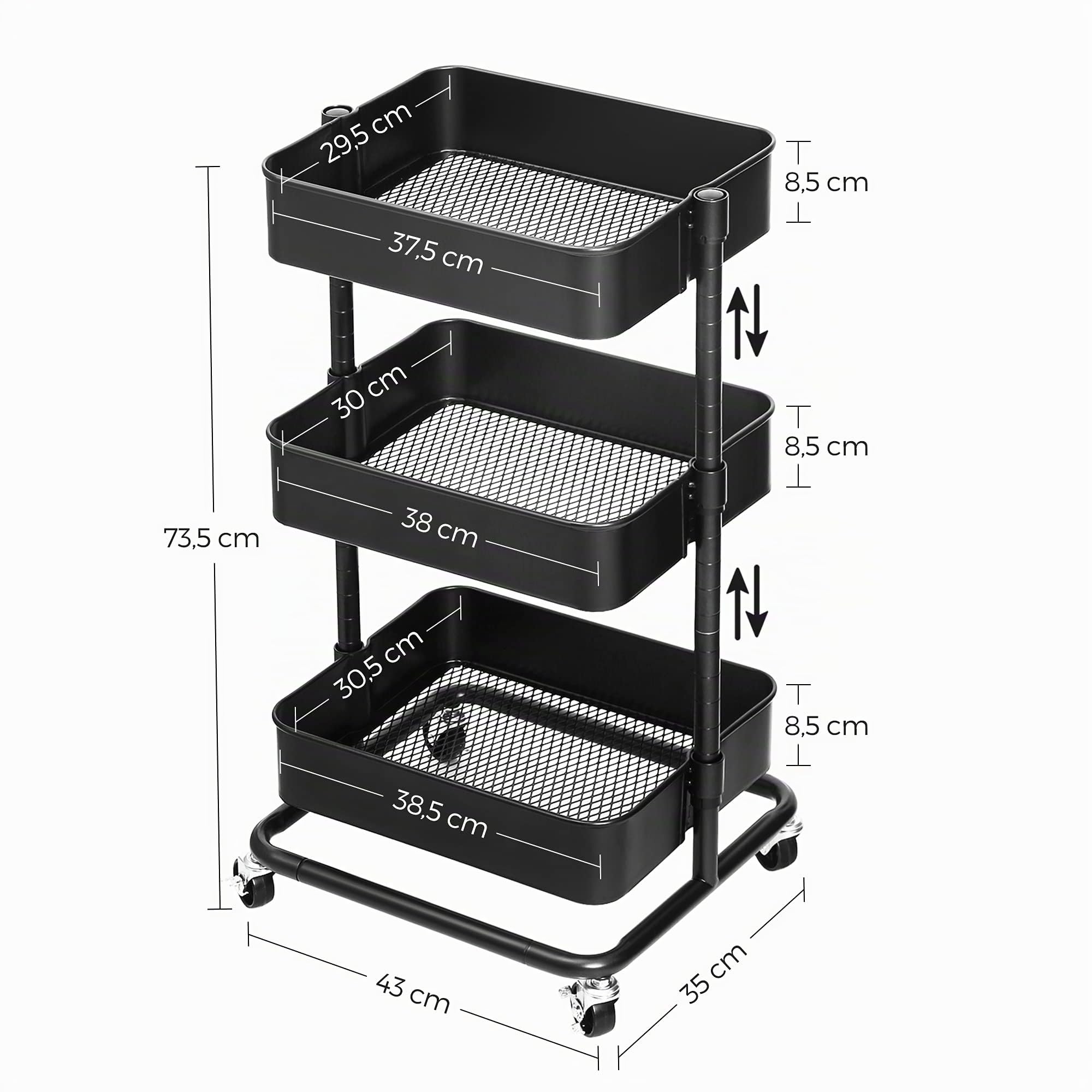 SONGMICS Carro de Almacenamiento de 3 Niveles, Estantería con Ruedas, con Estantes Ajustables en Altura, con 2 Frenos, Montaje Sencillo, para Baño, Cocina, Oficina, Negro BSC60B | Estantes Ajustables en Altura, con 2 Frenos, Montaje Sencillo, para Baño, C