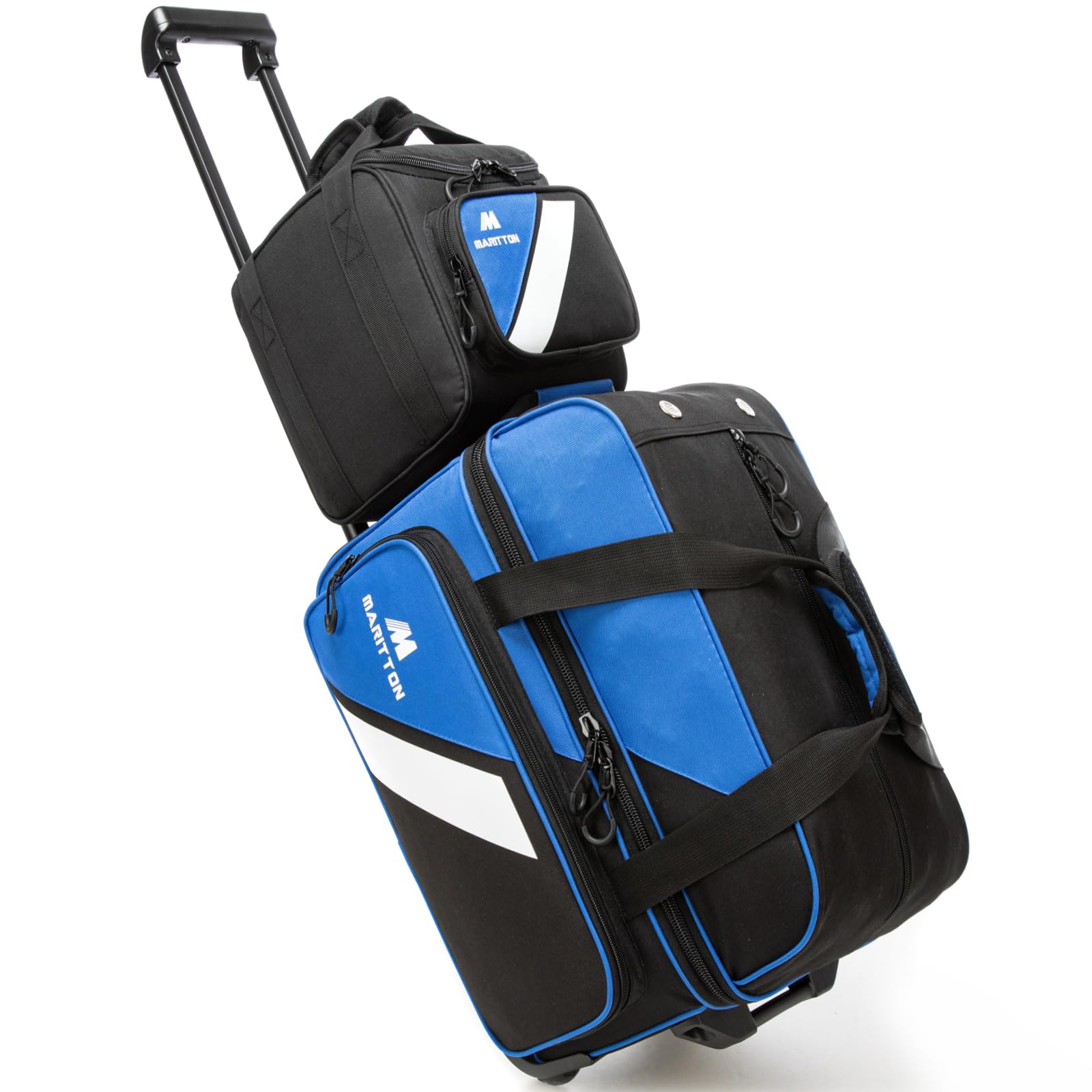 MARITTON 3 Ball Bowling Bags with Wheels, 2 Ball Bowling Bags Double roller with Single Ball Tote, Multi-Pockets & Shoe Compartment (Fits Up to Size 15). (BLUE)